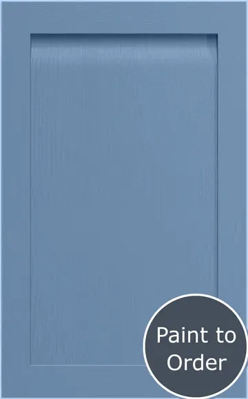 A painted Smoke Blue Grantham door. At the bottom right there's a red circular sign with Paint to Order in white letters.