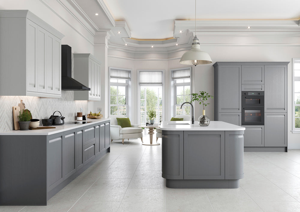 Modern kitchen with grey cabinets and white countertops