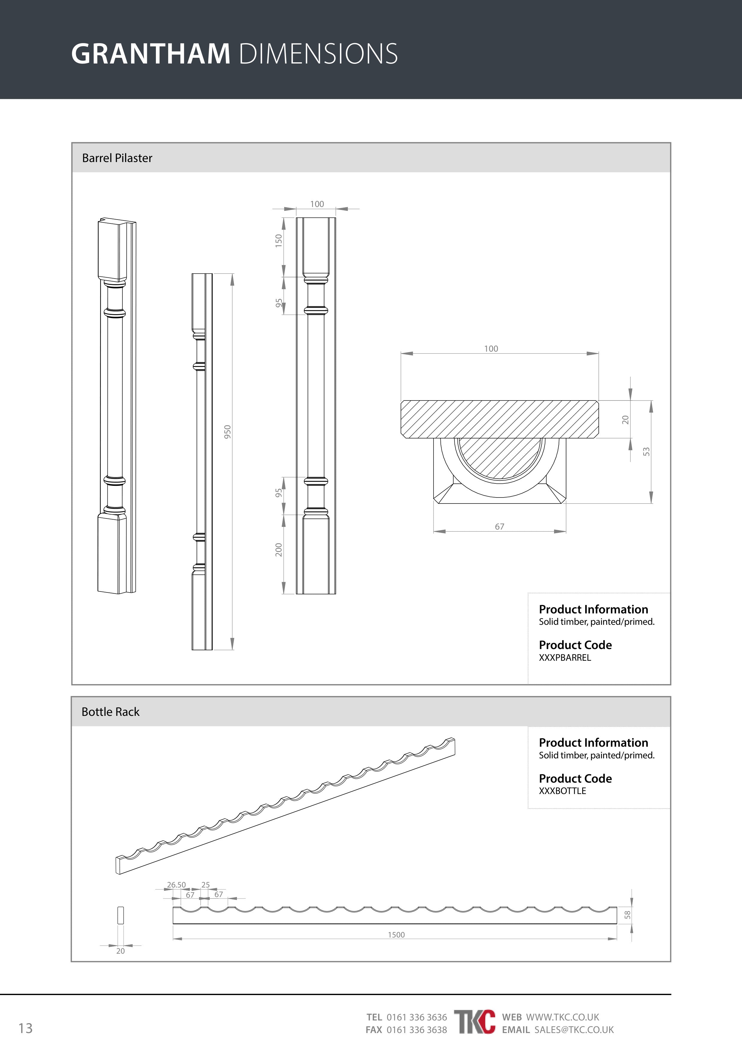 Product Guide for Grantham barrel pilaster and bottle rack with dimensions on a white background.