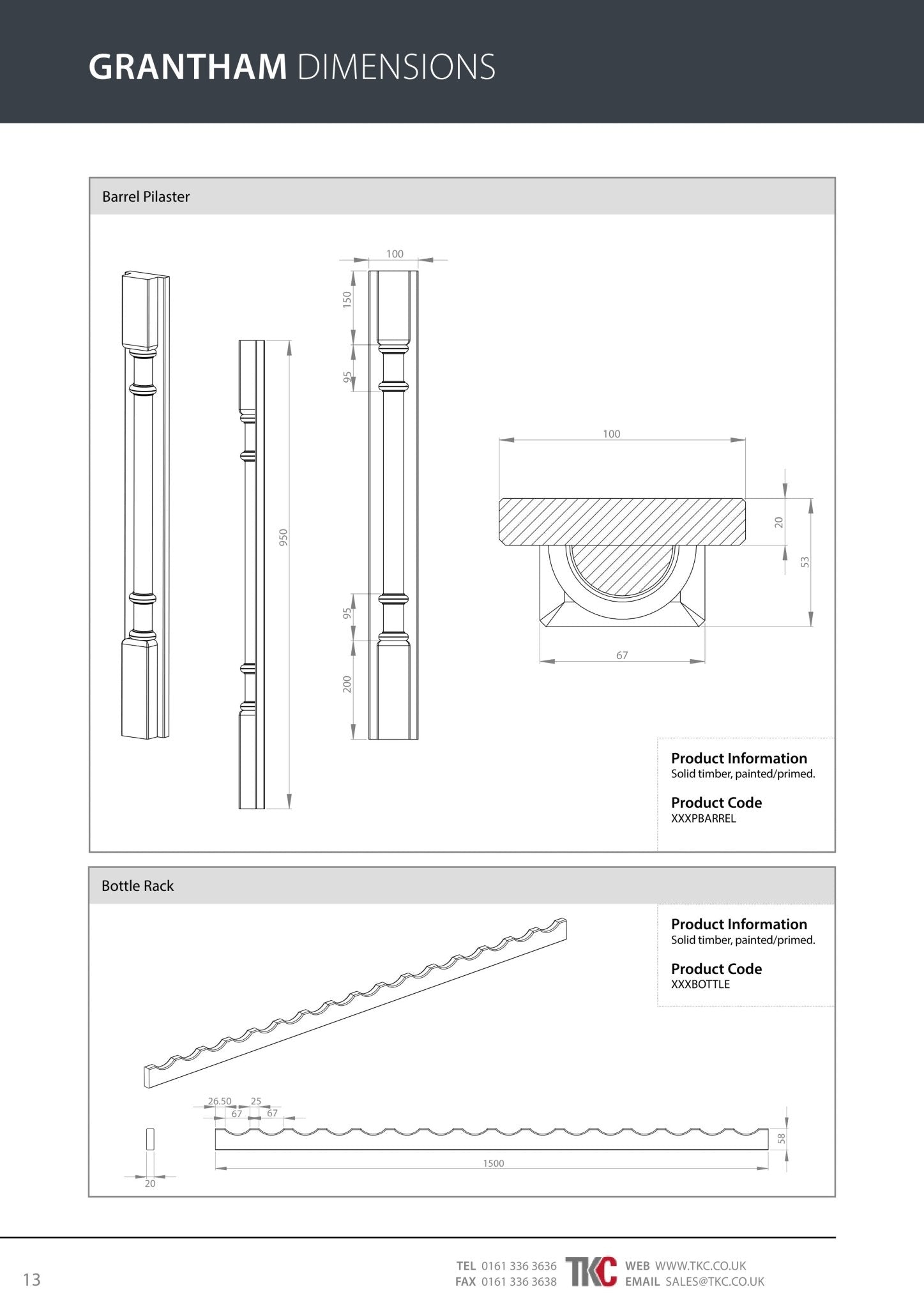 Product Guide for Grantham barrel pilaster and bottle rack with dimensions on a white background.