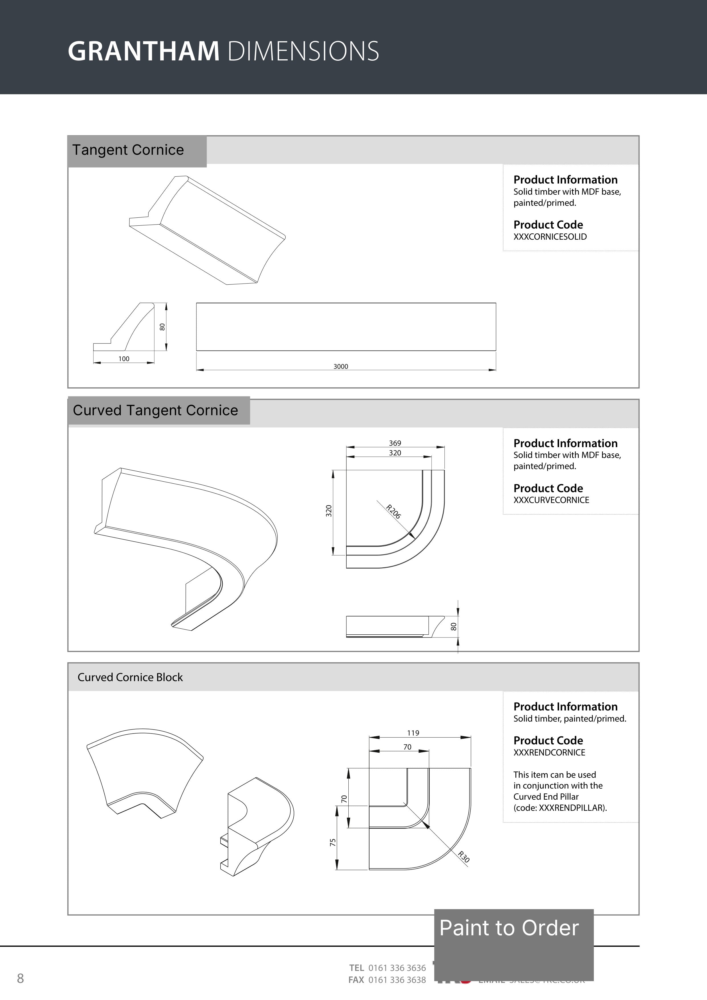 Technical drawings of tangent cornice, curved tangent cornice, and curved cornice block with dimensions and product codes.
