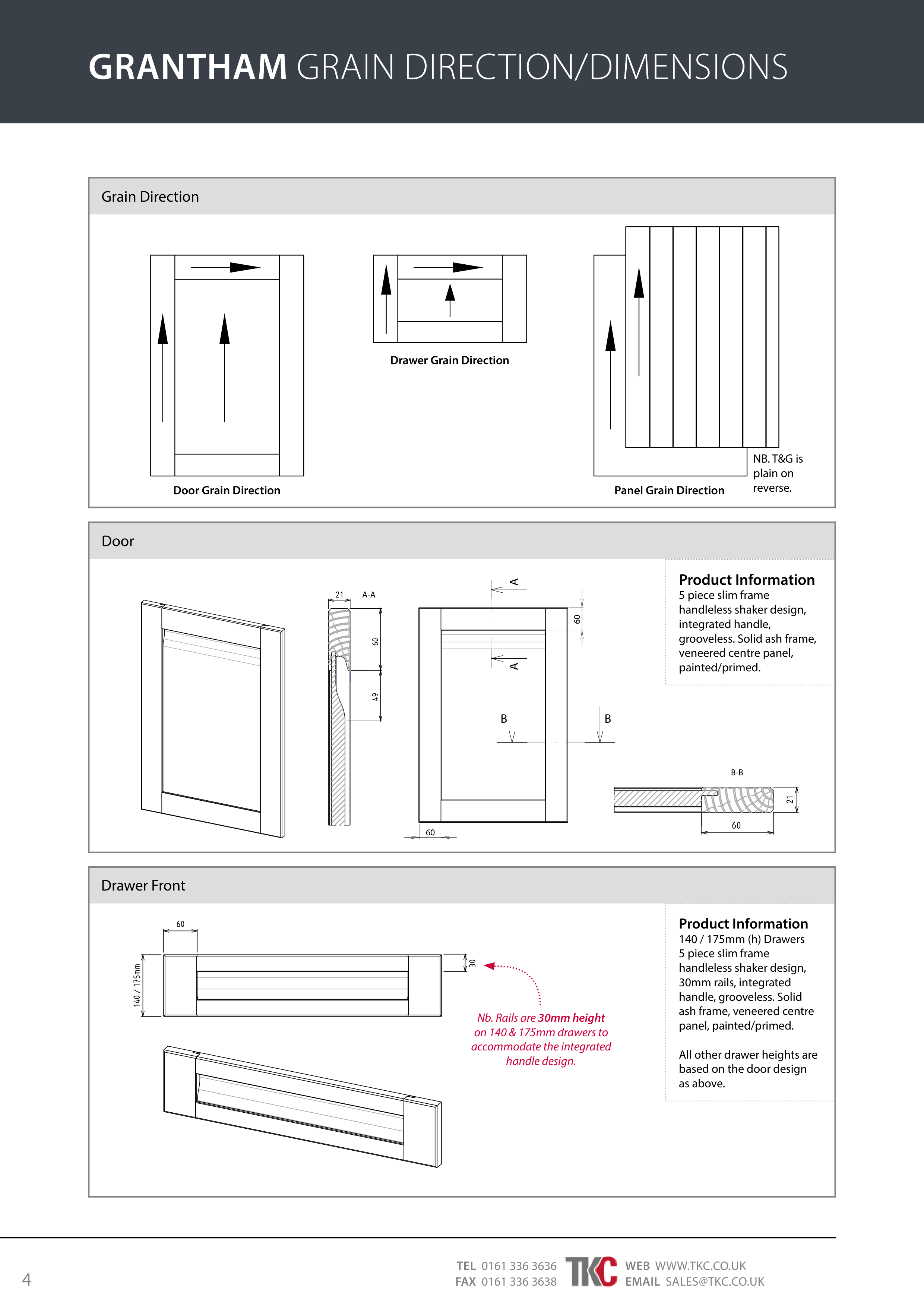 Technical drawings and product information for Grantham grain direction and dimensions on a white background.
