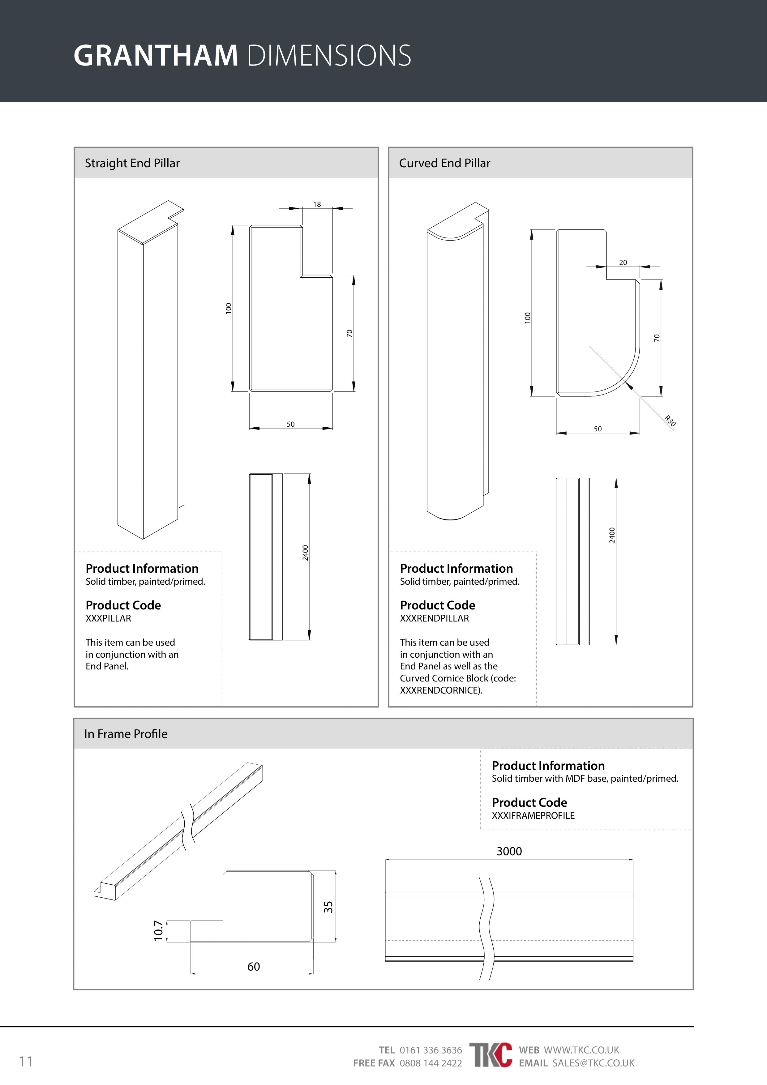 Technical drawing of Grantham dimensions with various product sections.