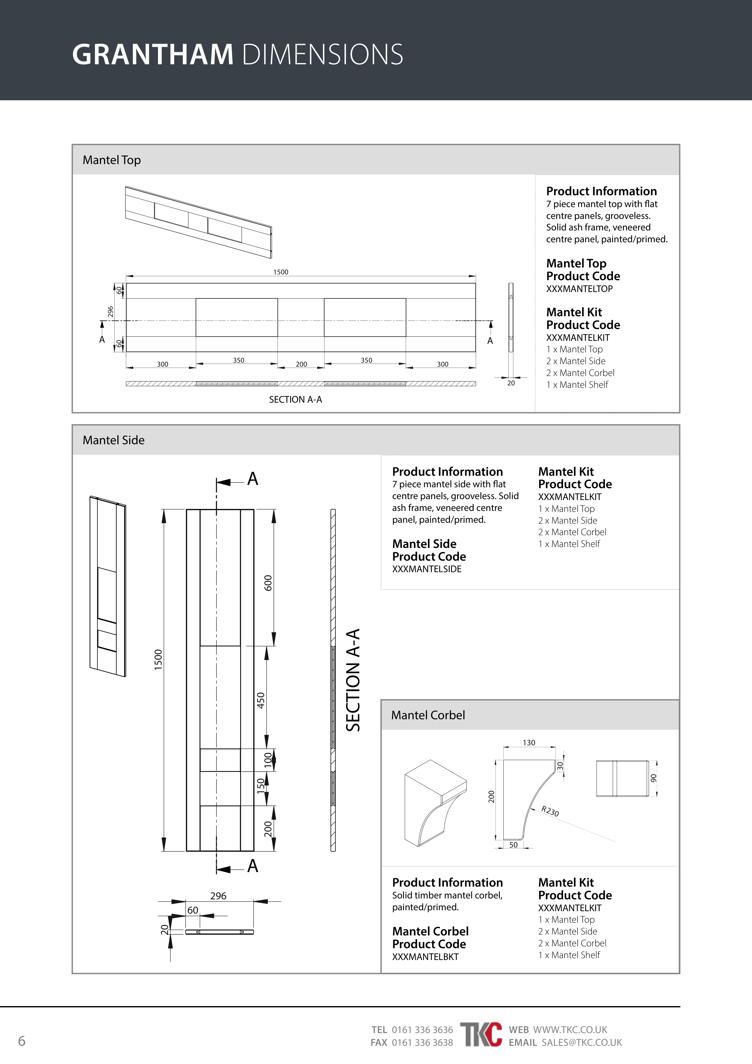 Technical drawings and dimensions for a product labeled 'Grantham Dimensions' on a white background.