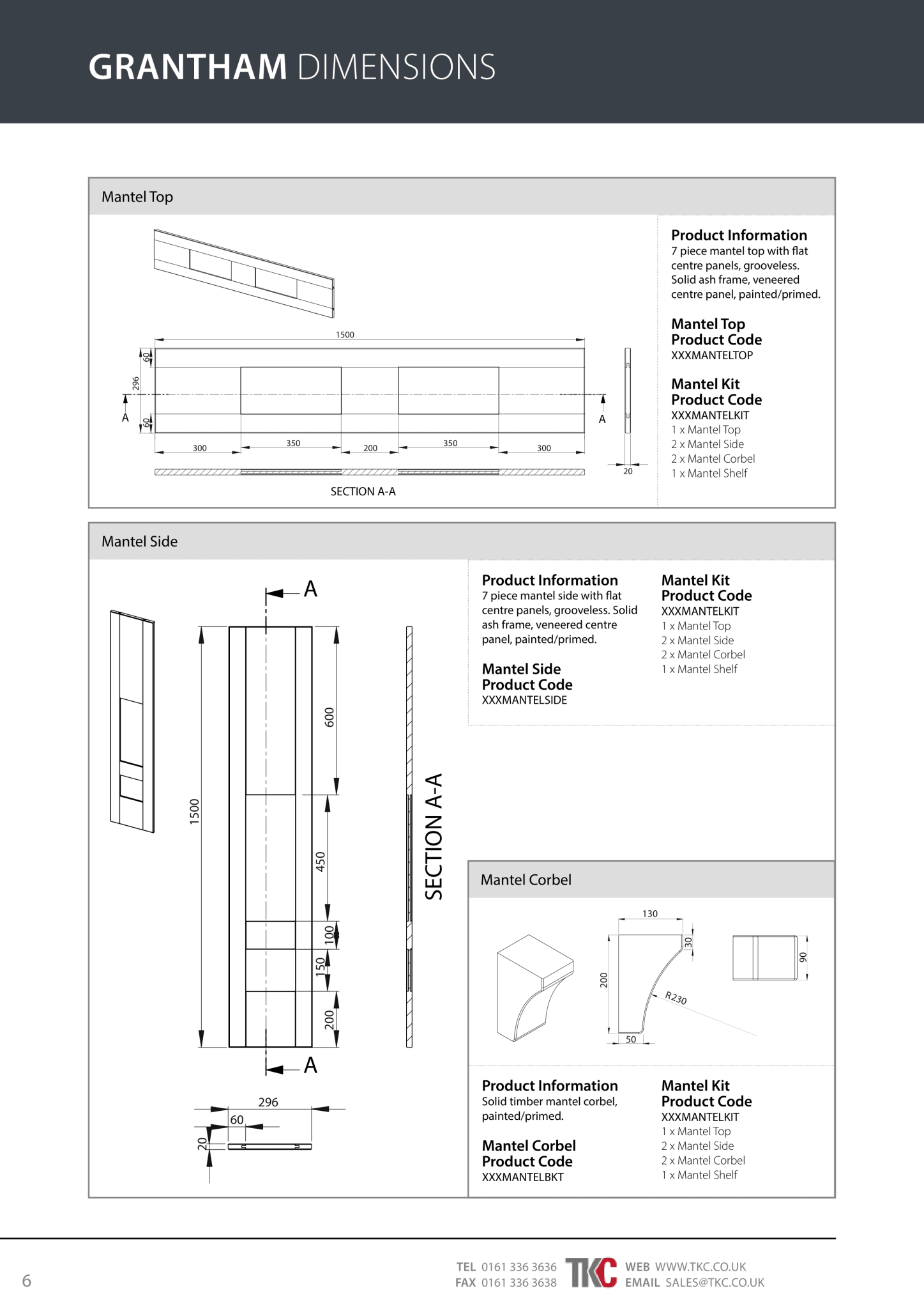 Technical drawings and dimensions for a product labeled 'Grantham Dimensions' on a white background.