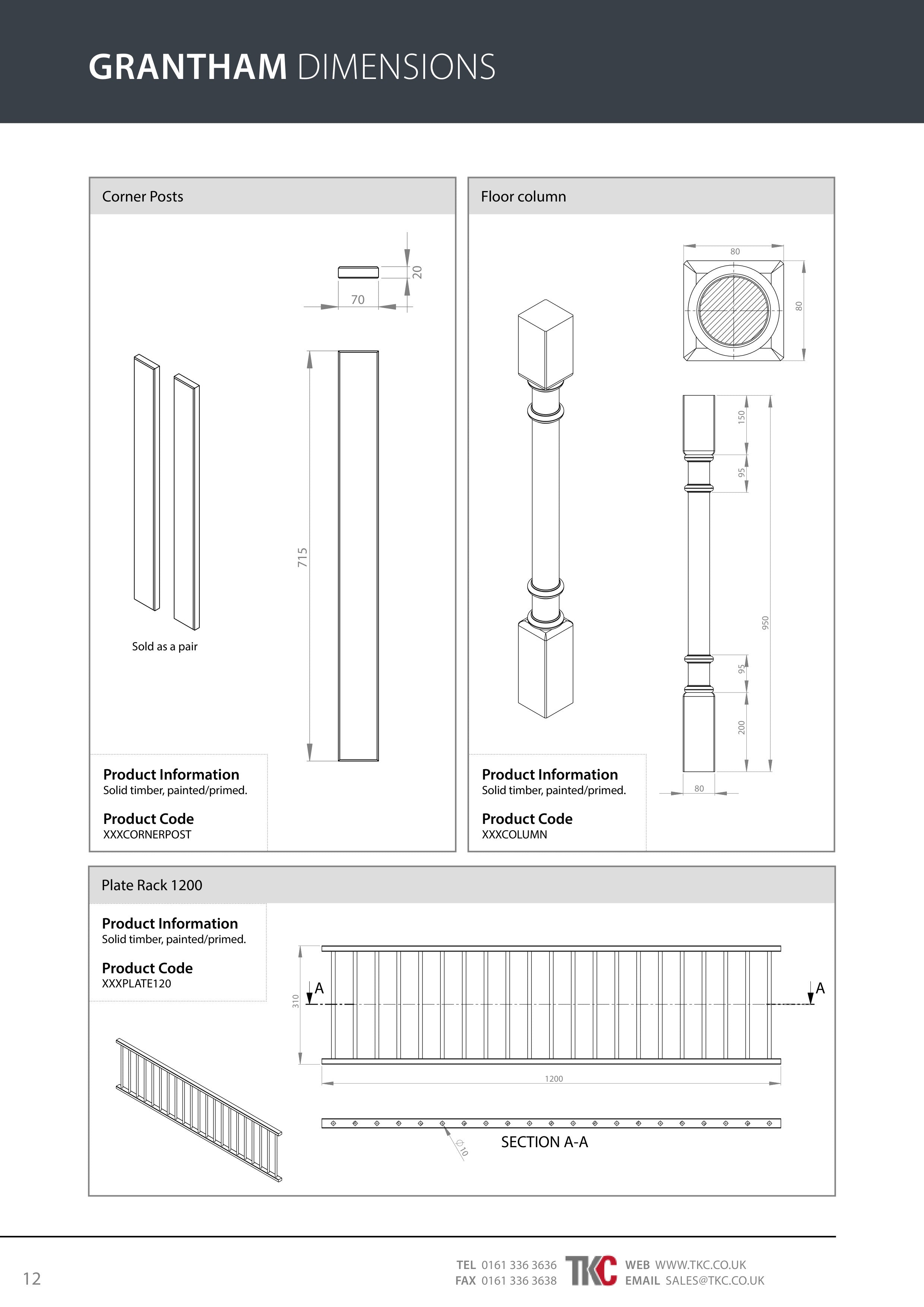 Technical drawing of Grantham accessories with dimensions and product codes.