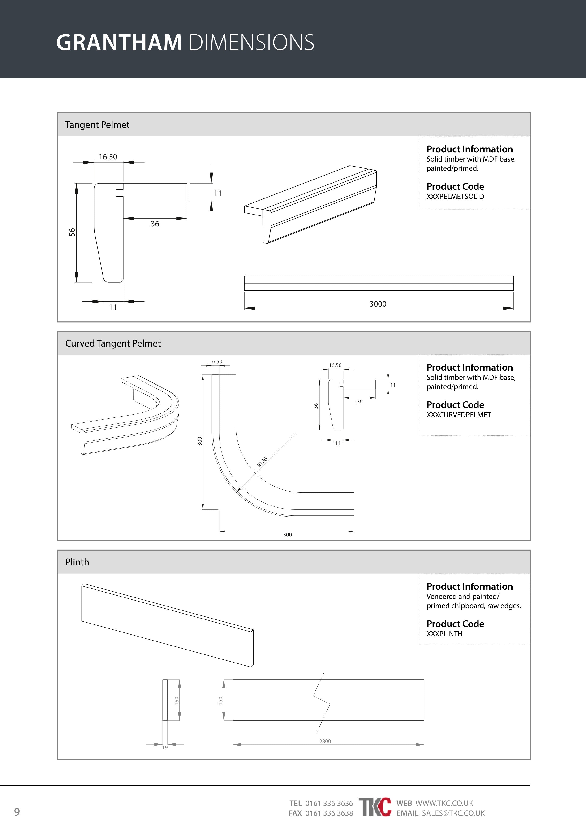 Technical drawings and product information for 'Grantham Dimensions' on a white background.