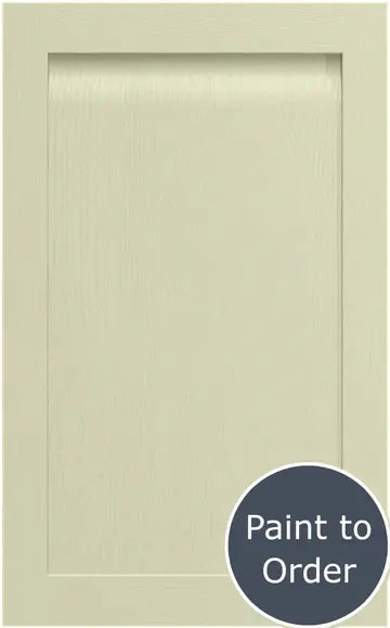 A painted sage green Grantham door. At the bottom right there's a Paint to Order circular sign with a red background and white letters.