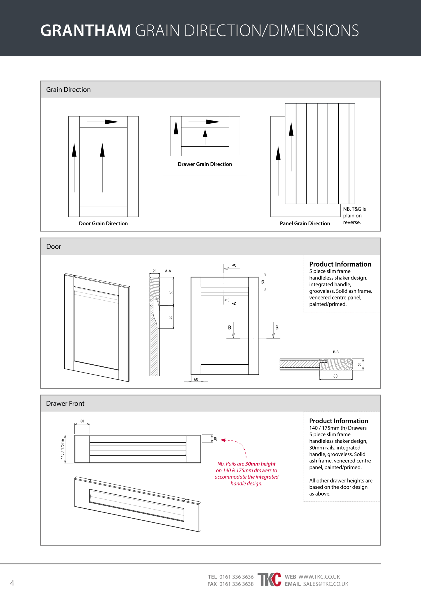 Technical drawings and product information for Grantham grain direction and dimensions on a white background.