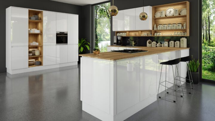 Modern Jayline kitchen with white gloss cabinets, wooden countertops, and a large window view.