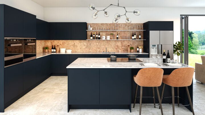 Modern Jayline kitchen with indigo blue cabinets, marble island, and bar stools.