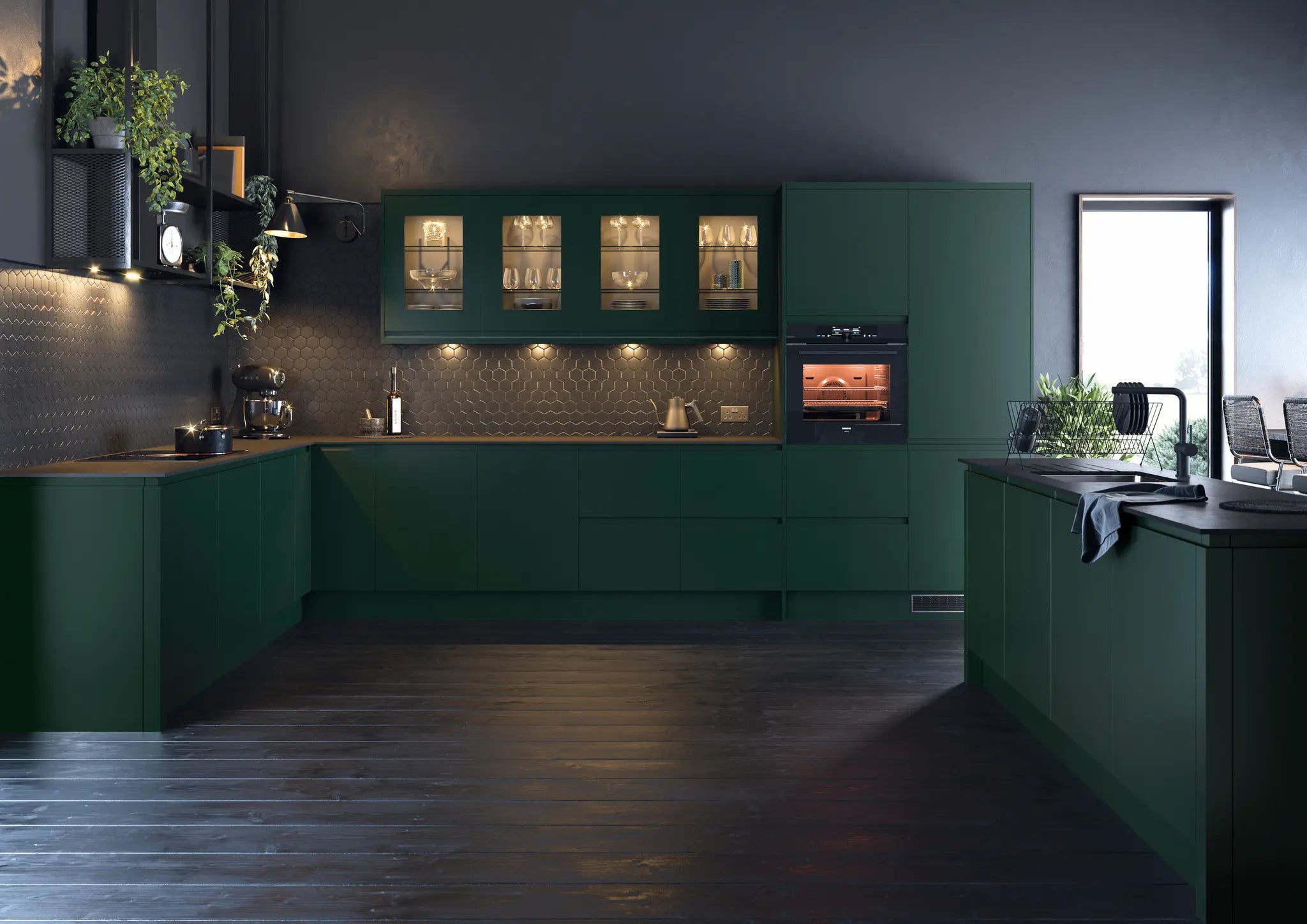 Modern Lucente kitchen with fir green cabinet doors and an island.