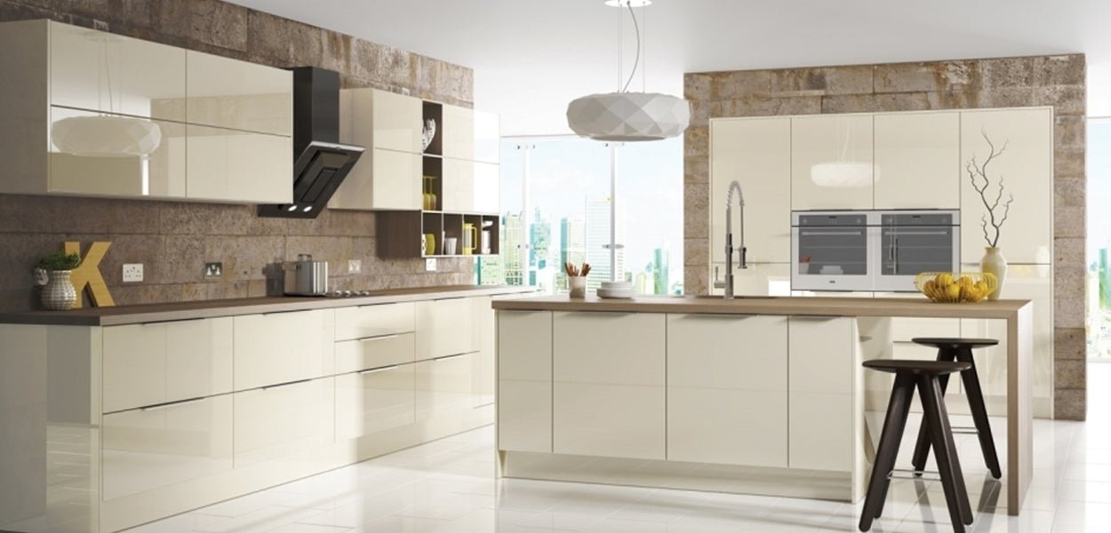 Modern kitchen with off-white cabinets, wooden accents, and a window view.