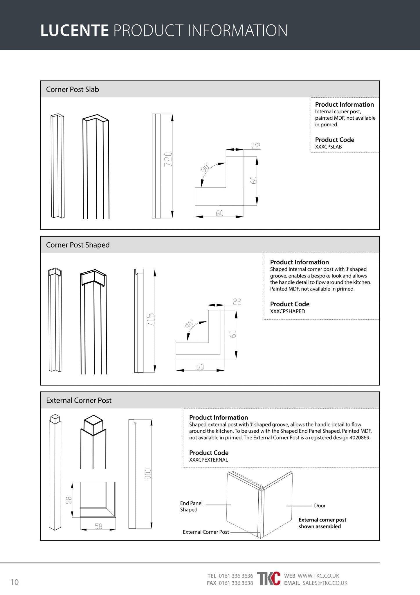 Lucente product information sheet with corner post slab, shaped, and external corner post designs.