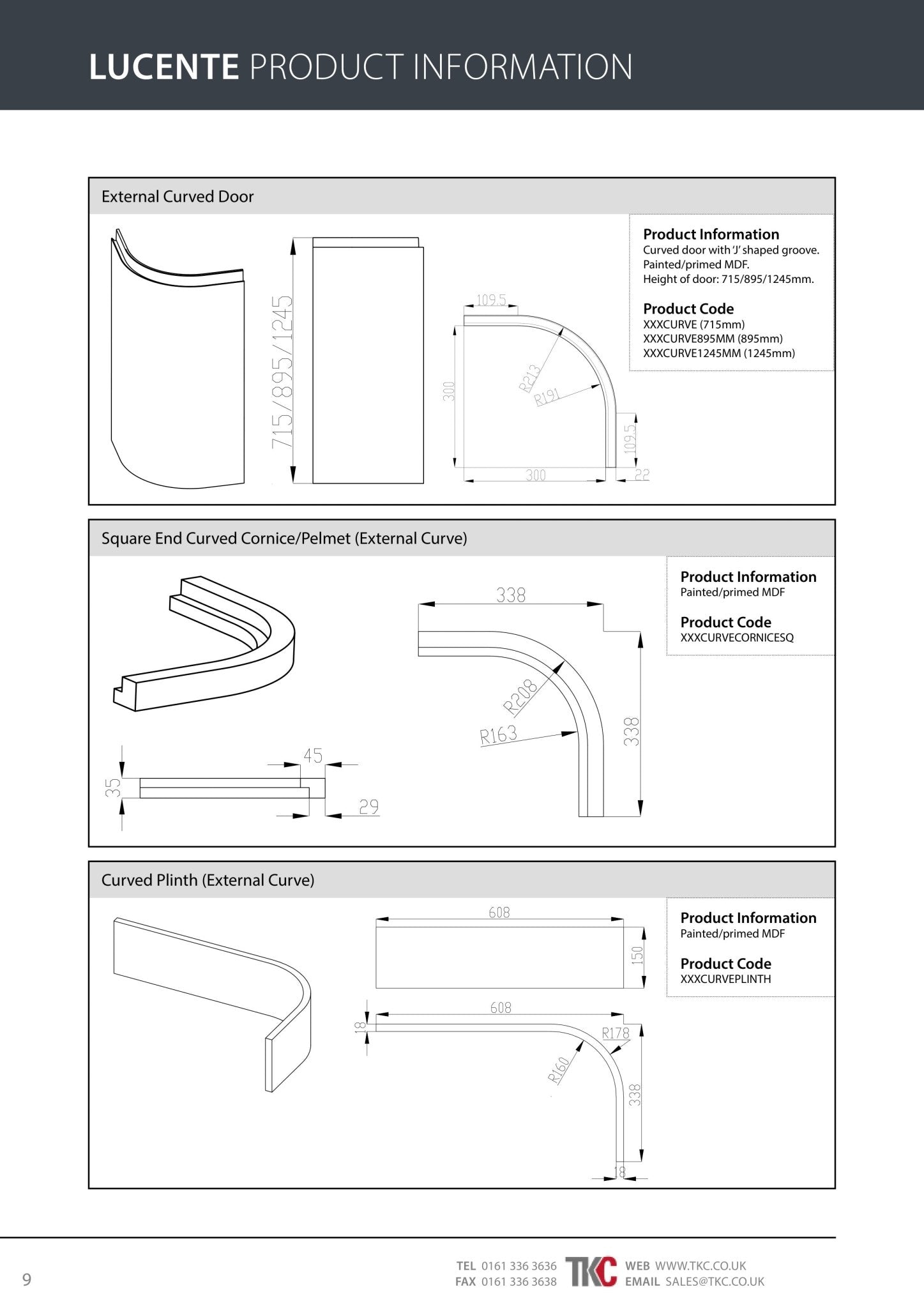 Lucente product information sheet with architectural drawings and dimensions.