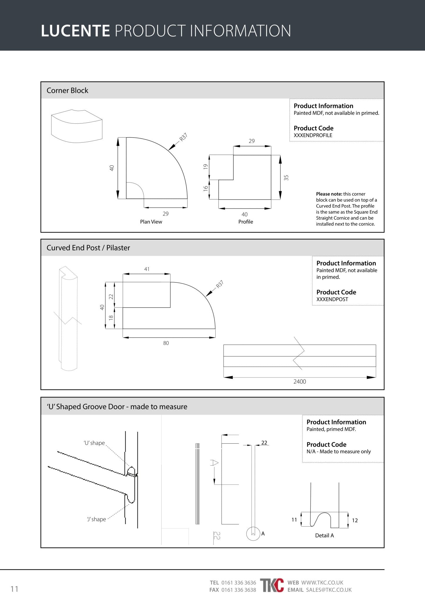 Product information sheet for Lucente accessories with dimensions and product codes.