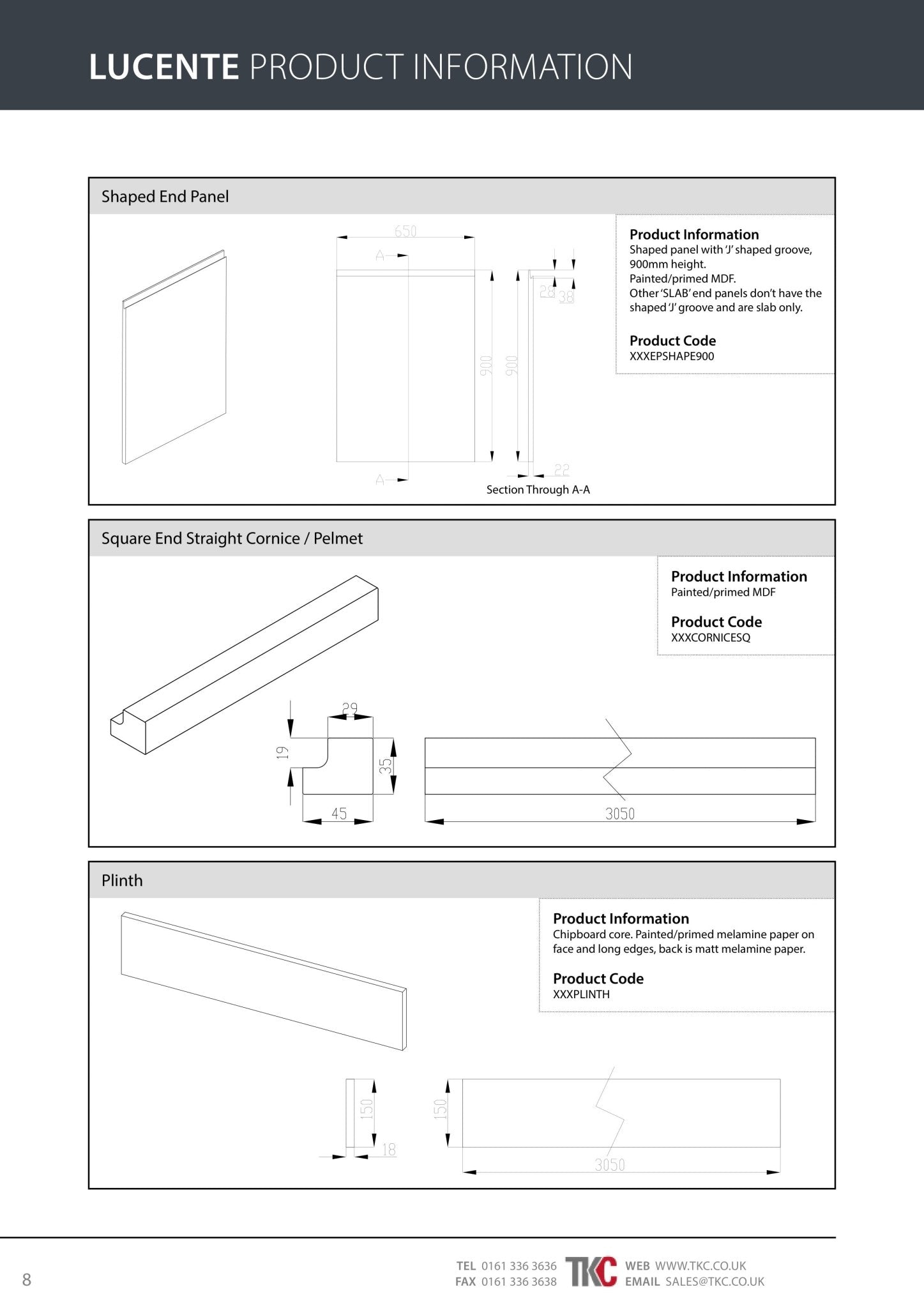 Lucente Product Guide for shaped end panels, square edge cornice/pelmet, and plinth