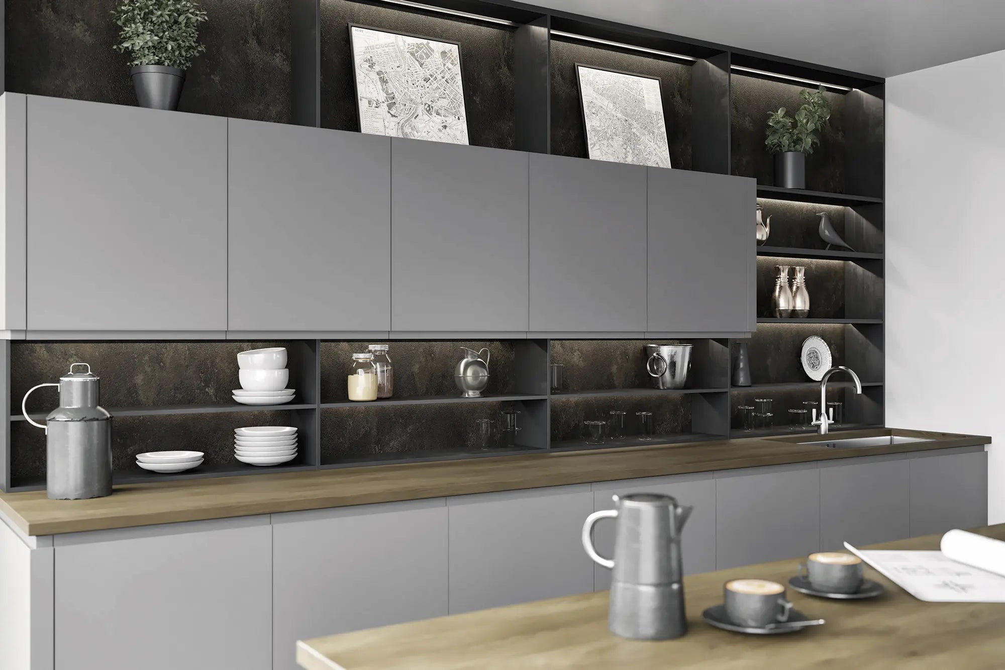 Lucente kitchen with dust grey cabinet doors, wooden worktops, and decorative items.