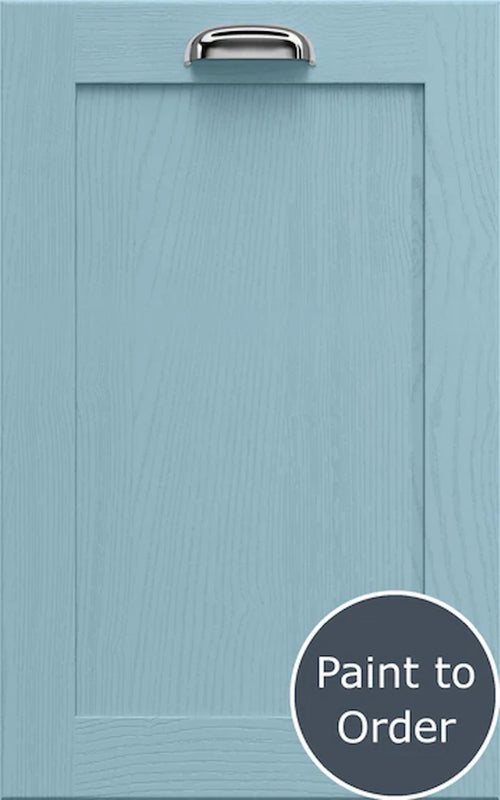 A Newmarket shaker-style cabinet door in Denim. Labelled 'Paint to Order'.