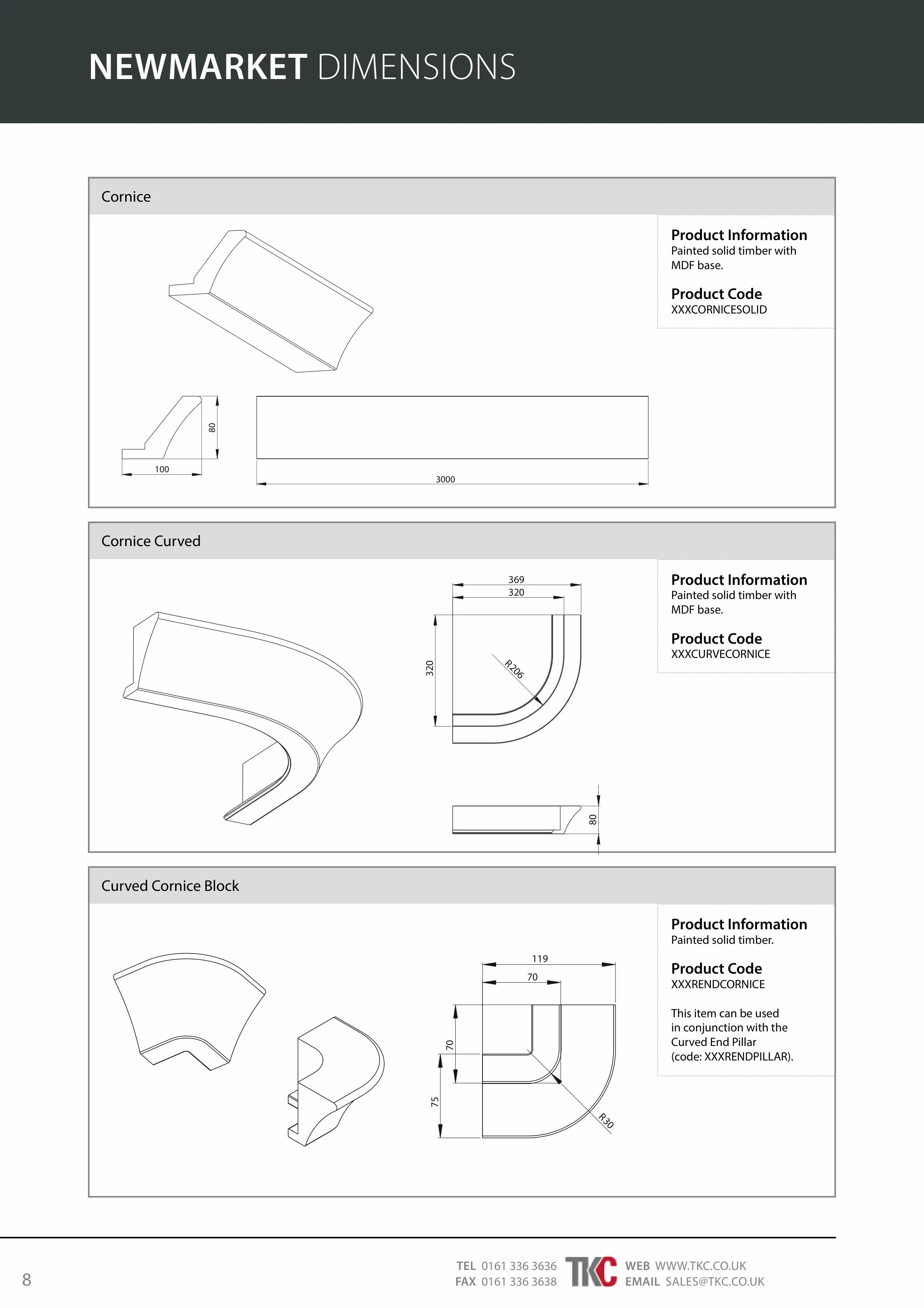 Newmarket Product Guide featuring technical drawings and info on Tangent Cornice, Curved Tangent Cornice, and Curved Cornice Block.