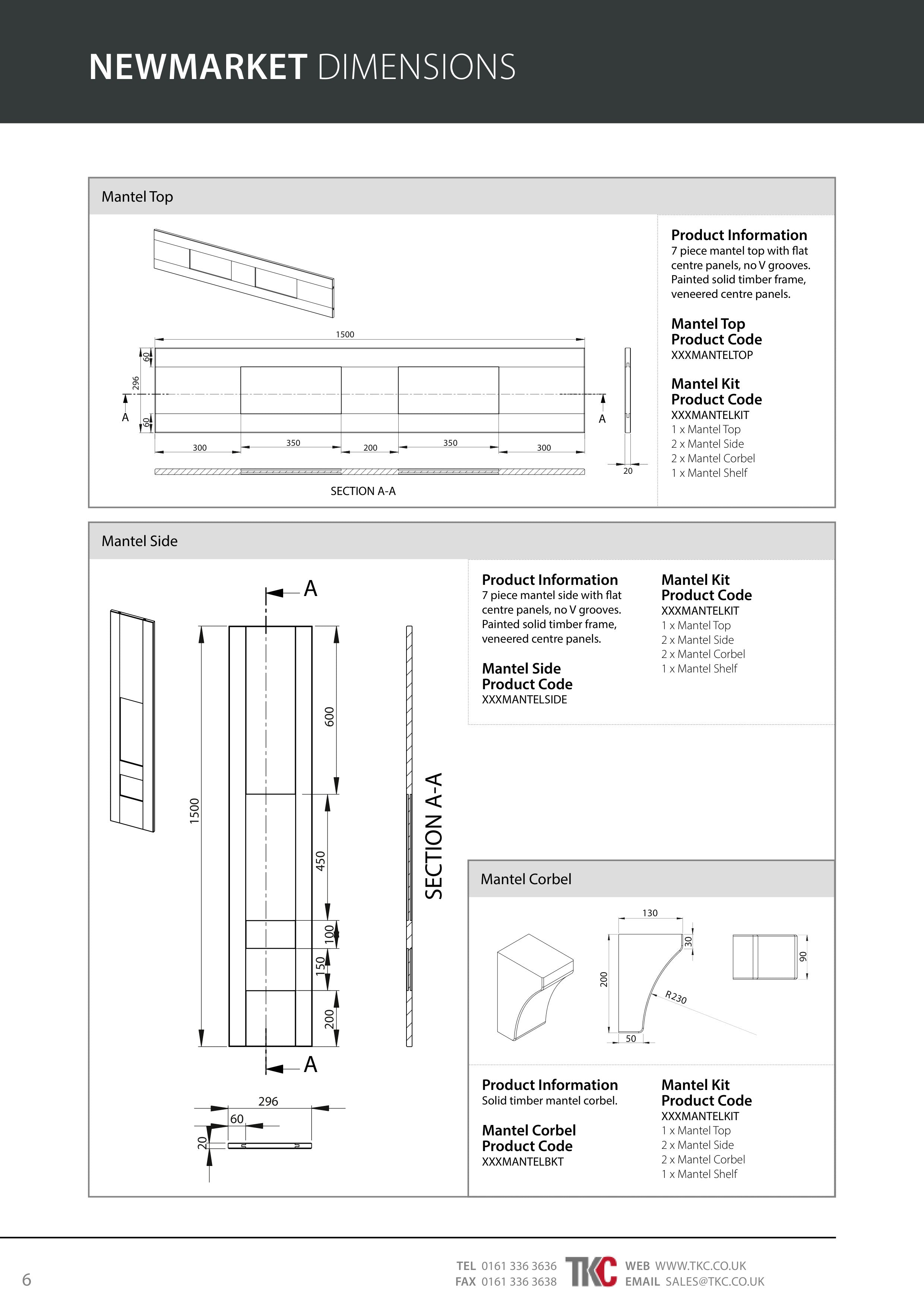 Technical dimensions and product information for a Newmarket mantel system on a white background.