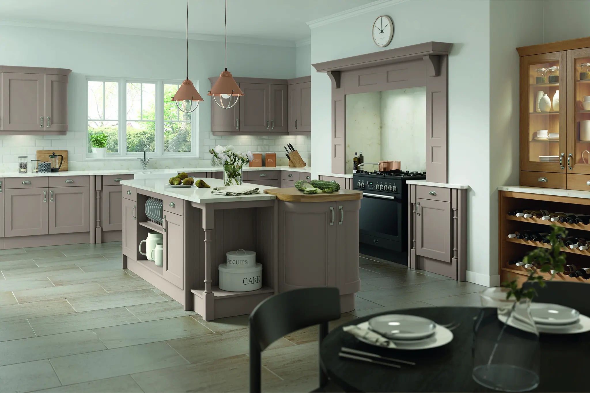 Stone Grey Newmarket kitchen featuring a full mantel kit around a range, plate and bottle racks, and columns and pillars.