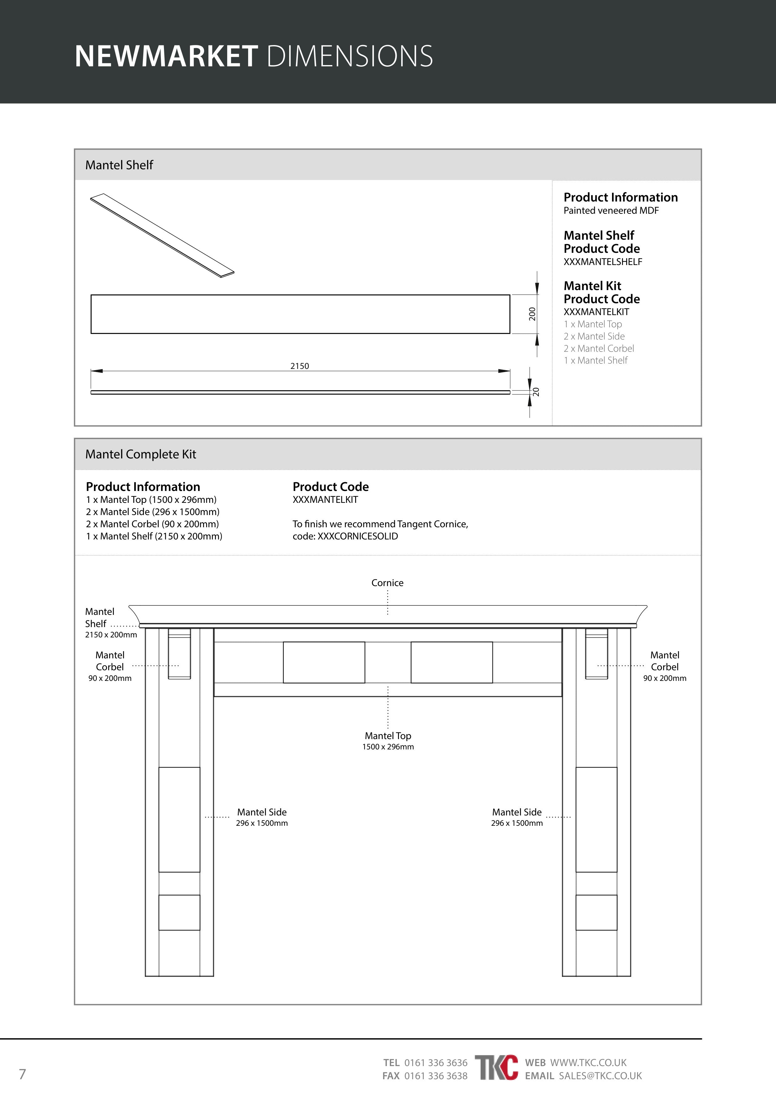 Technical drawing of a Newmarket Mantel Kit with dimensions and product codes.