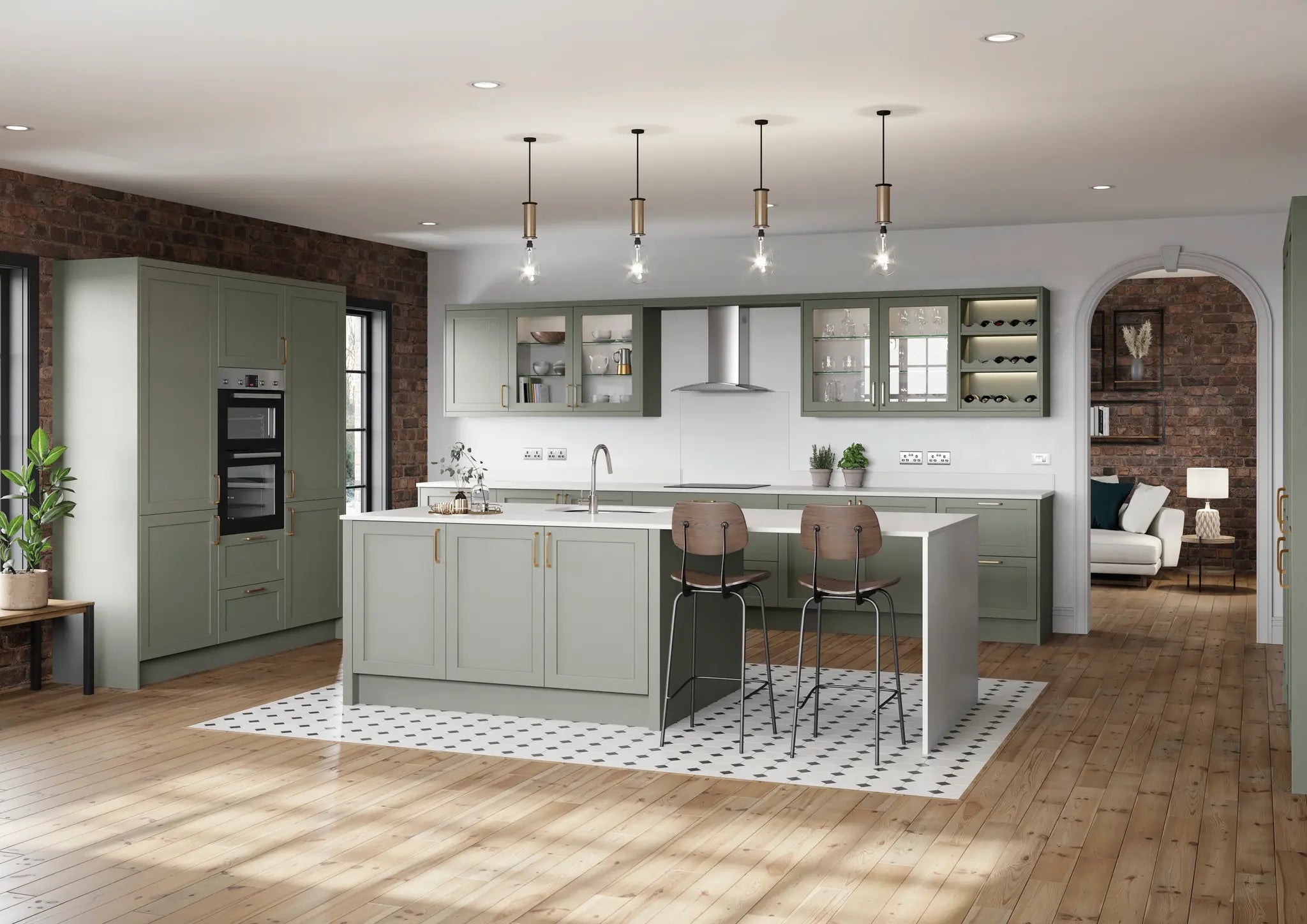Modern shaker kitchen with green cabinetry and a central island.