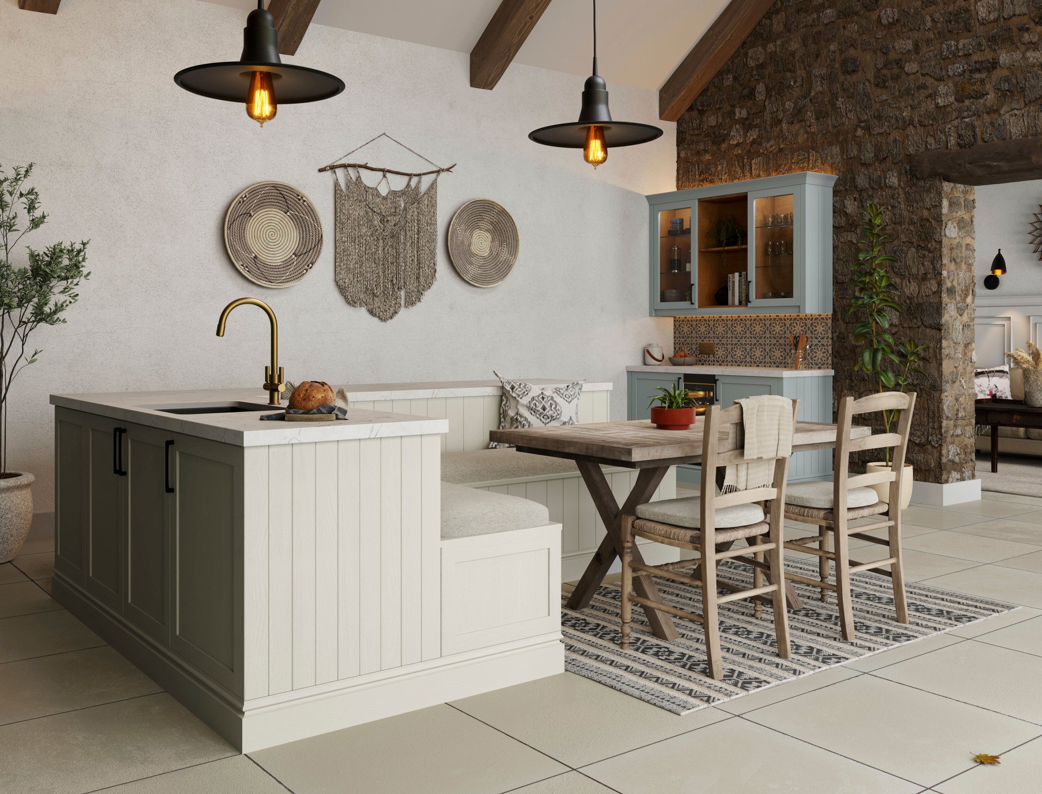 Modern kitchen with island, dining table, and chairs.