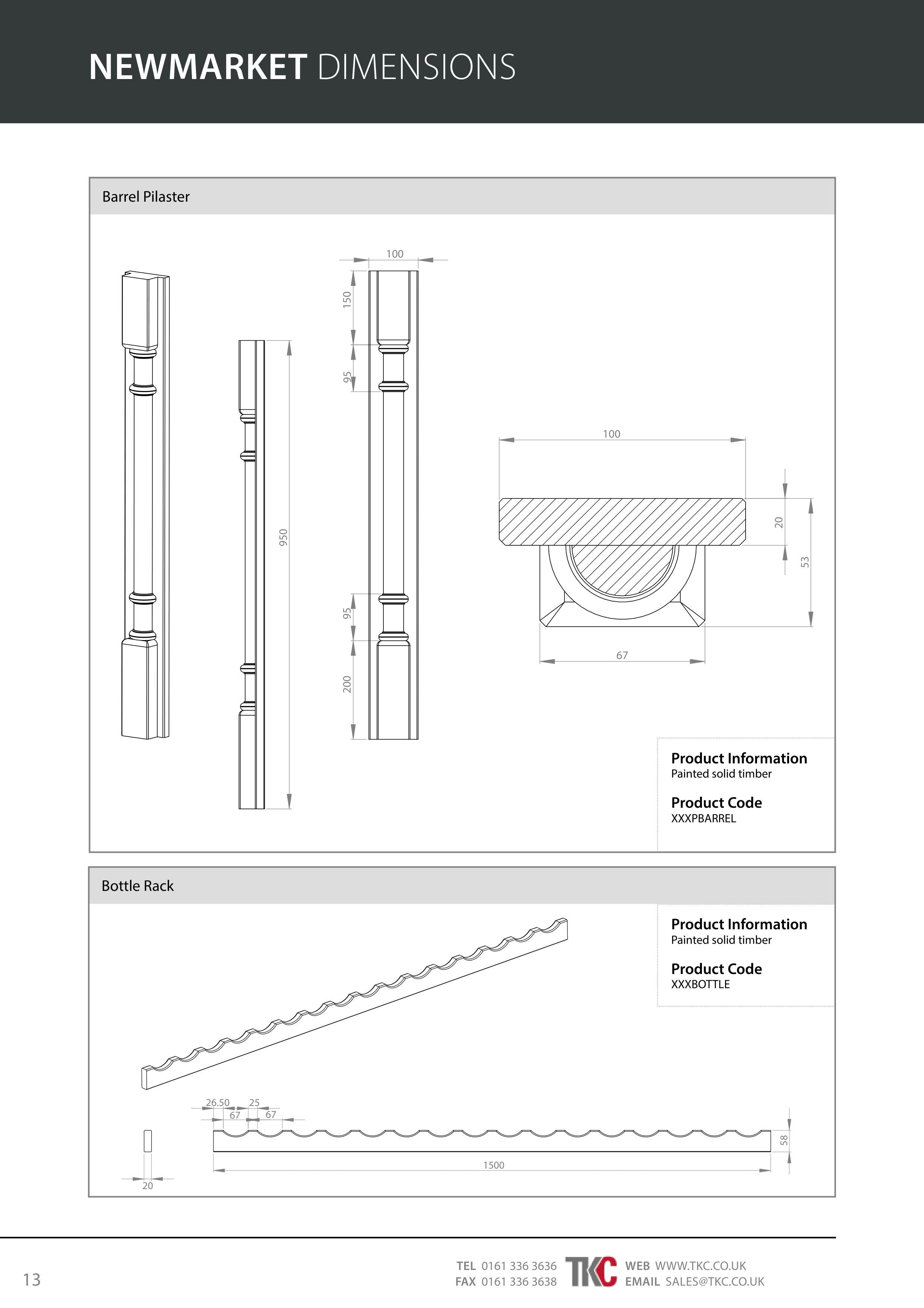 Technical drawings of a barrel pilaster and bottle rack with dimensions