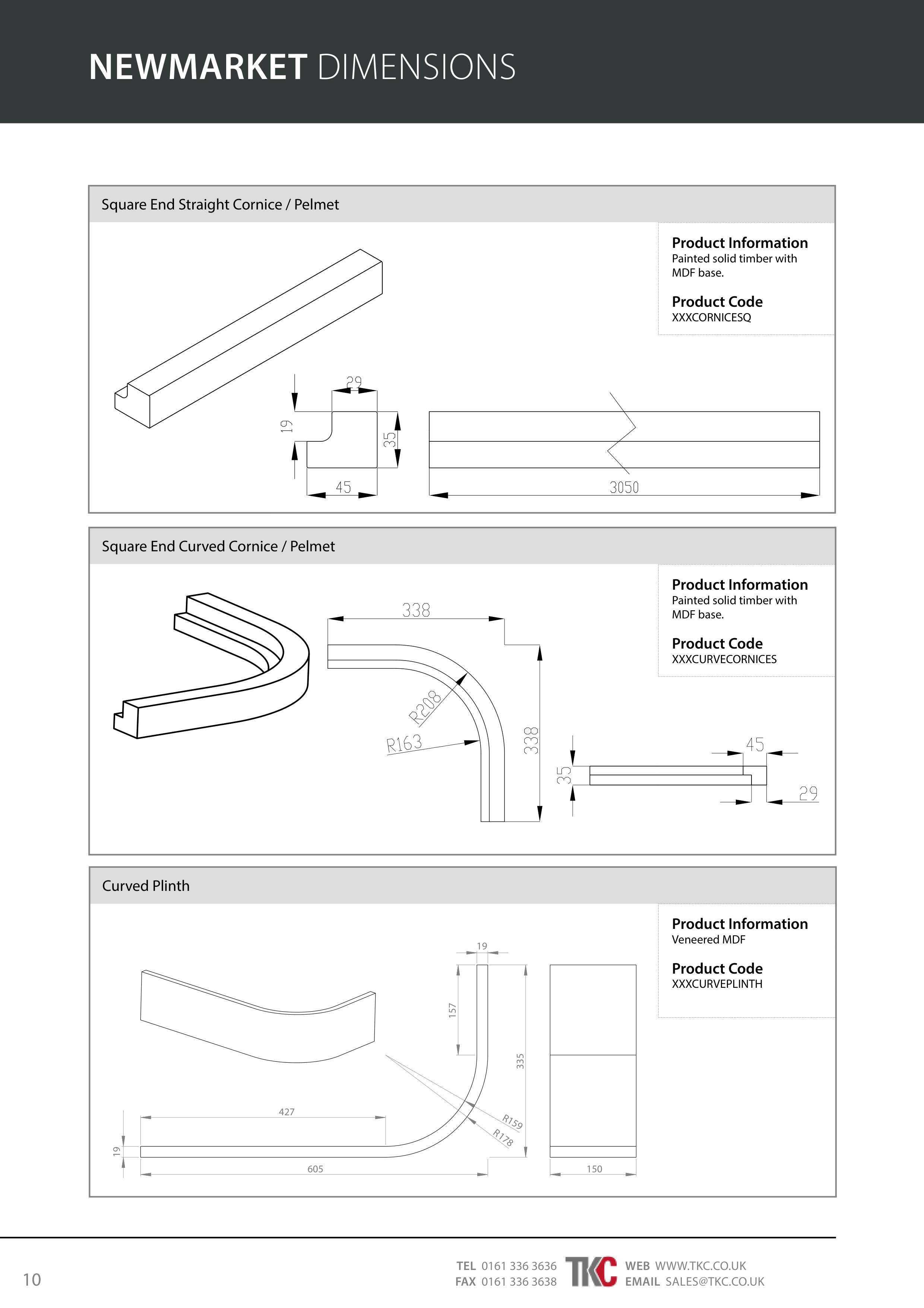 Product Guide with dimensions and product codes on a white background.