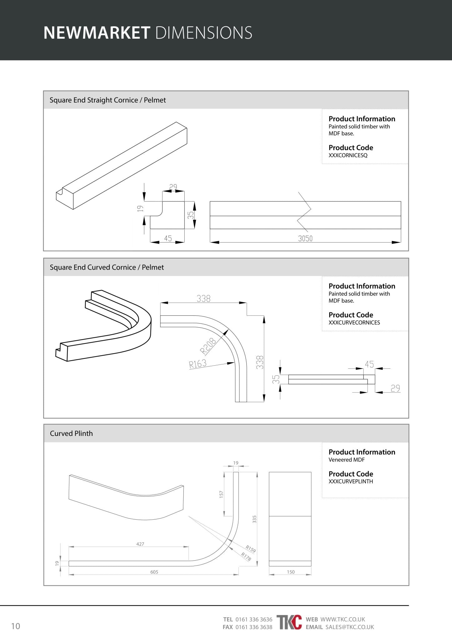 Product Guide with dimensions and product codes on a white background.