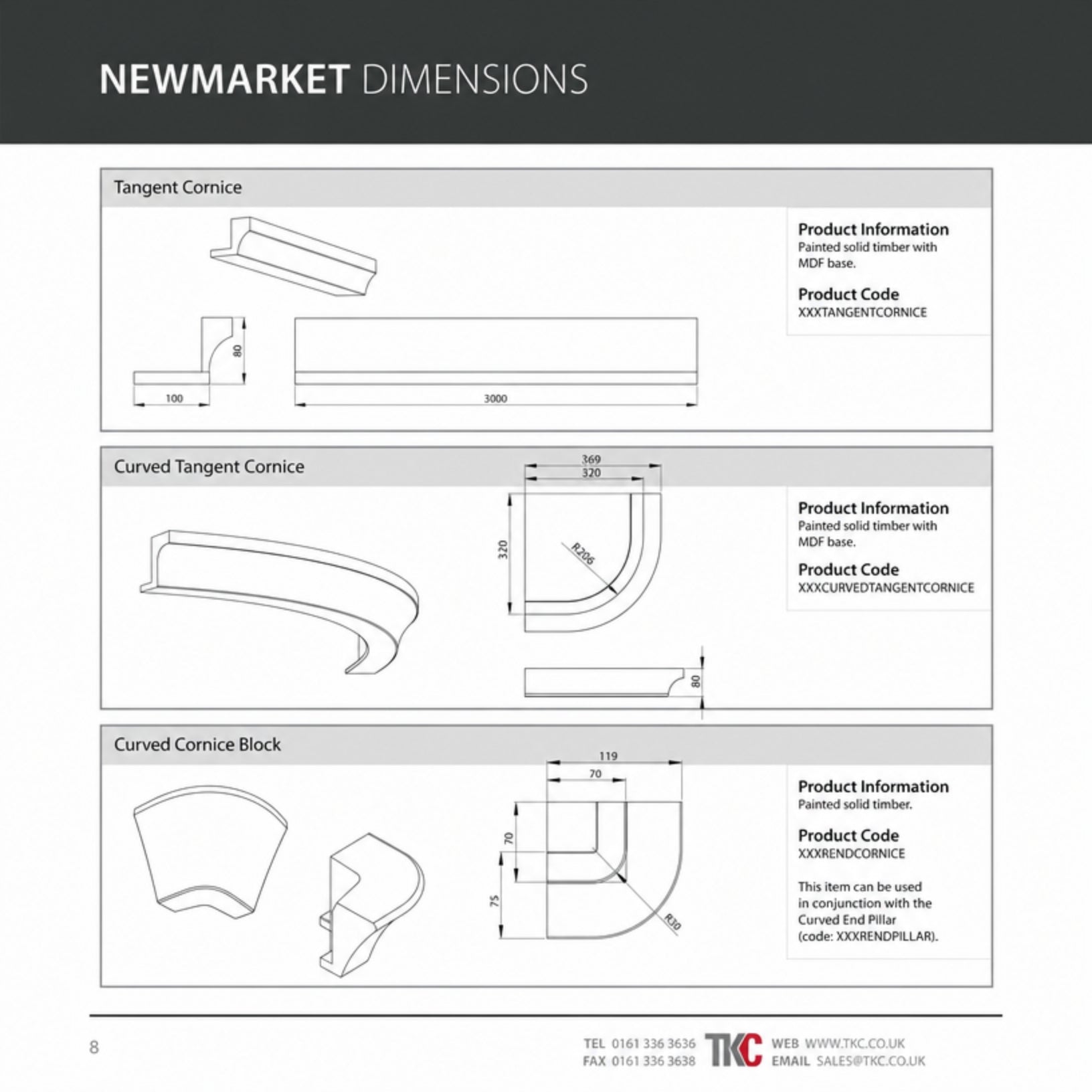 Technical drawings of cornice products with dimensions and product codes on a grey background.