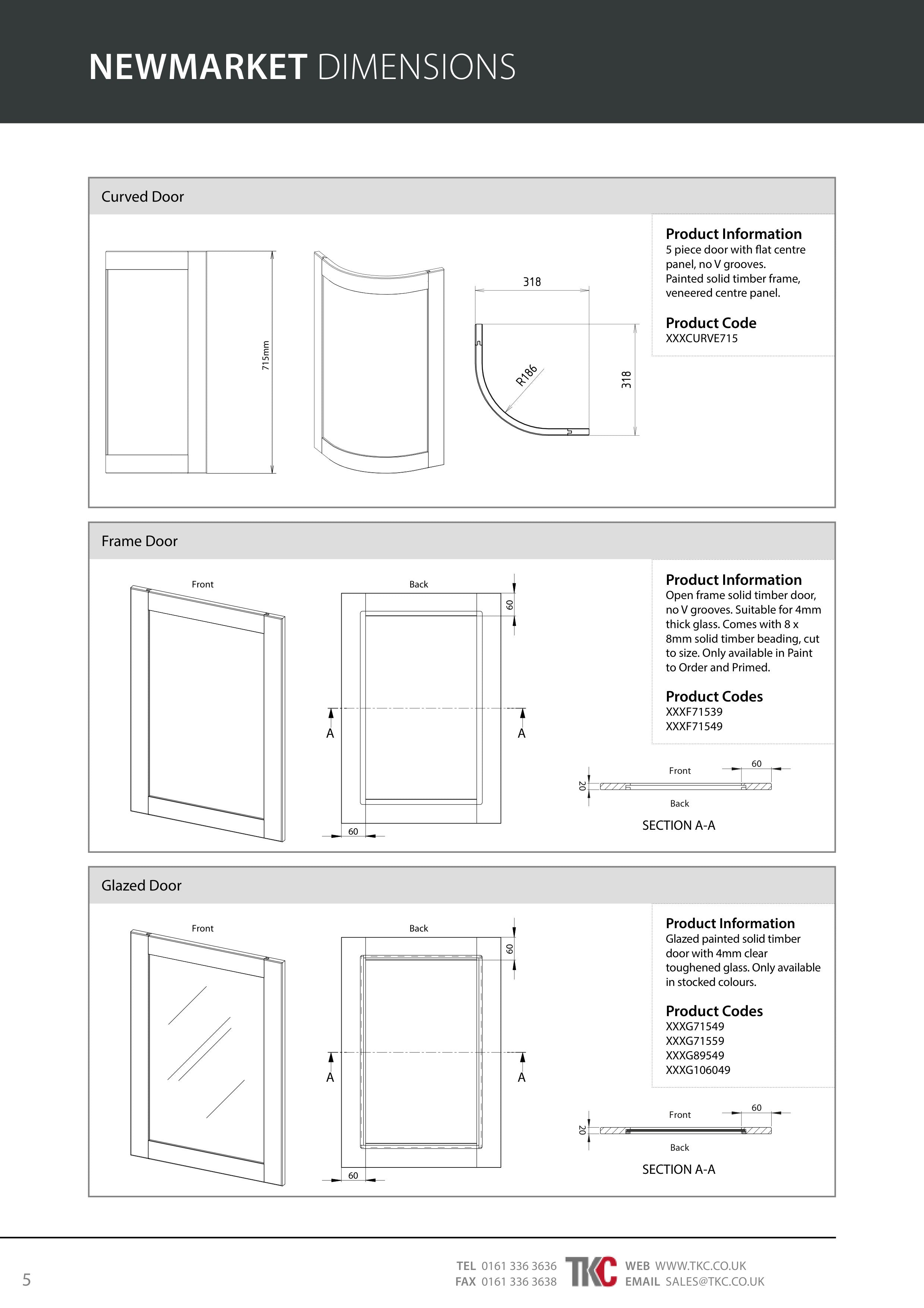 Technical drawing of Newmarket dimensions for curved, frame, and glazed doors with product codes.
