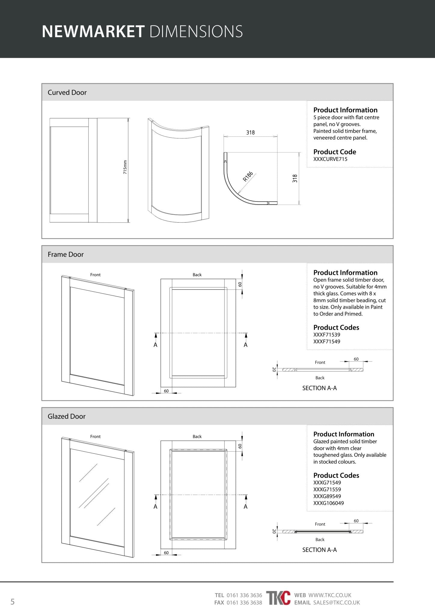 Technical drawing of Newmarket dimensions for curved, frame, and glazed doors with product codes.