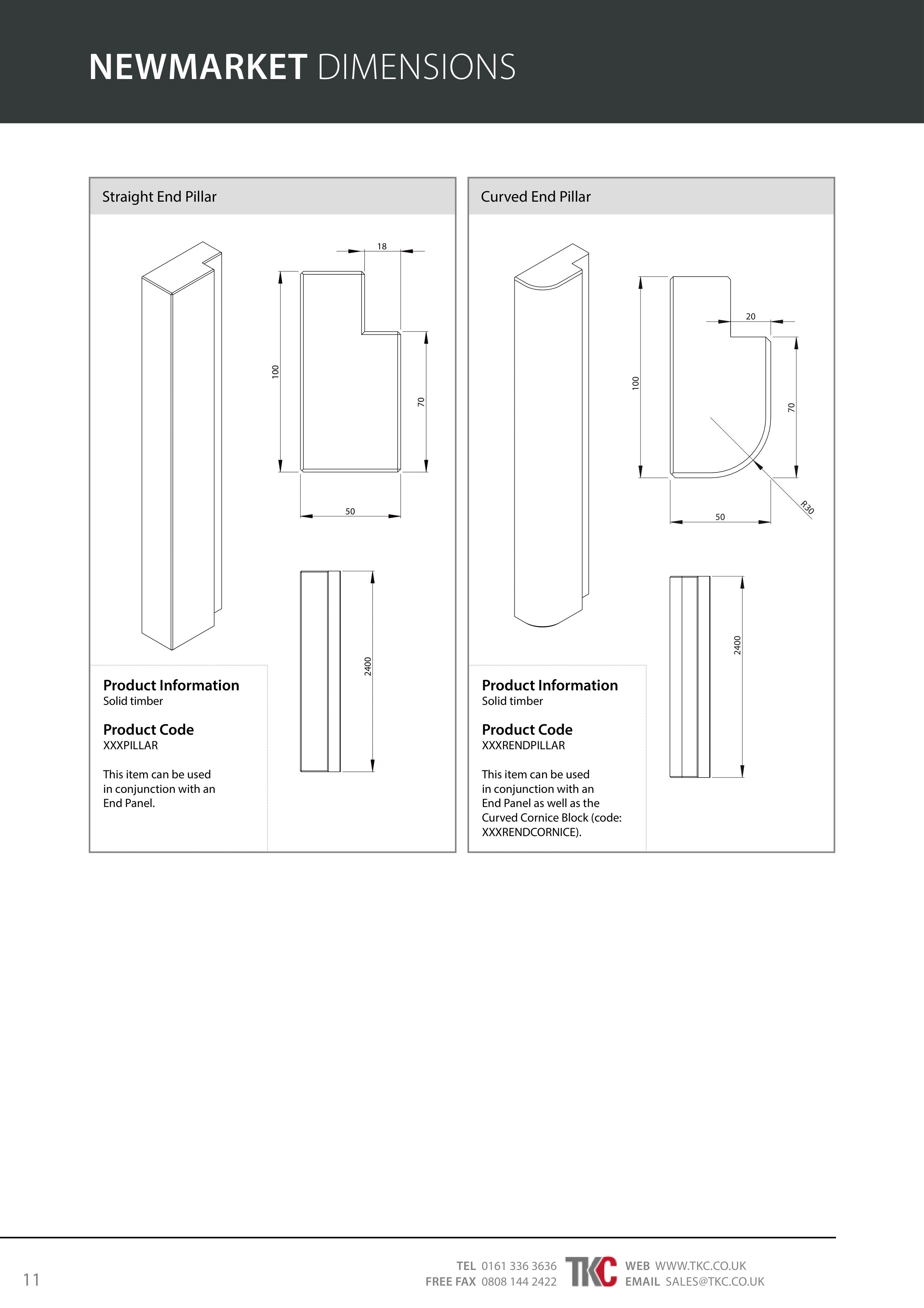Technical drawing of straight and curved end pillars with dimensions on a white background.