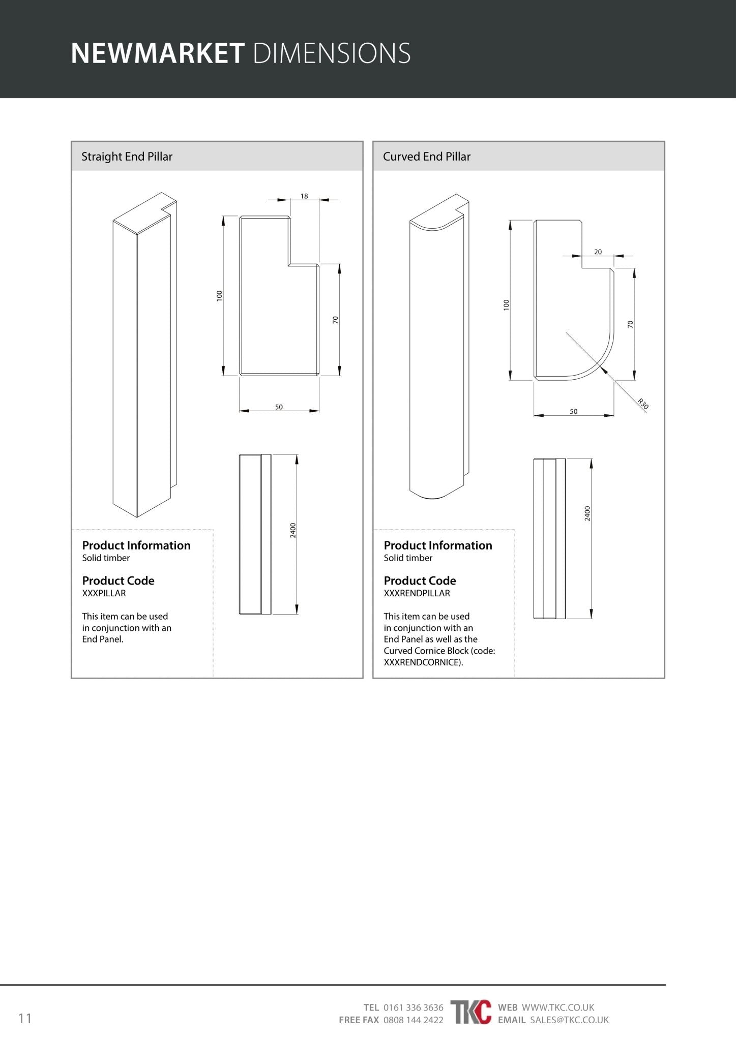 Technical drawing of straight and curved end pillars with dimensions on a white background.