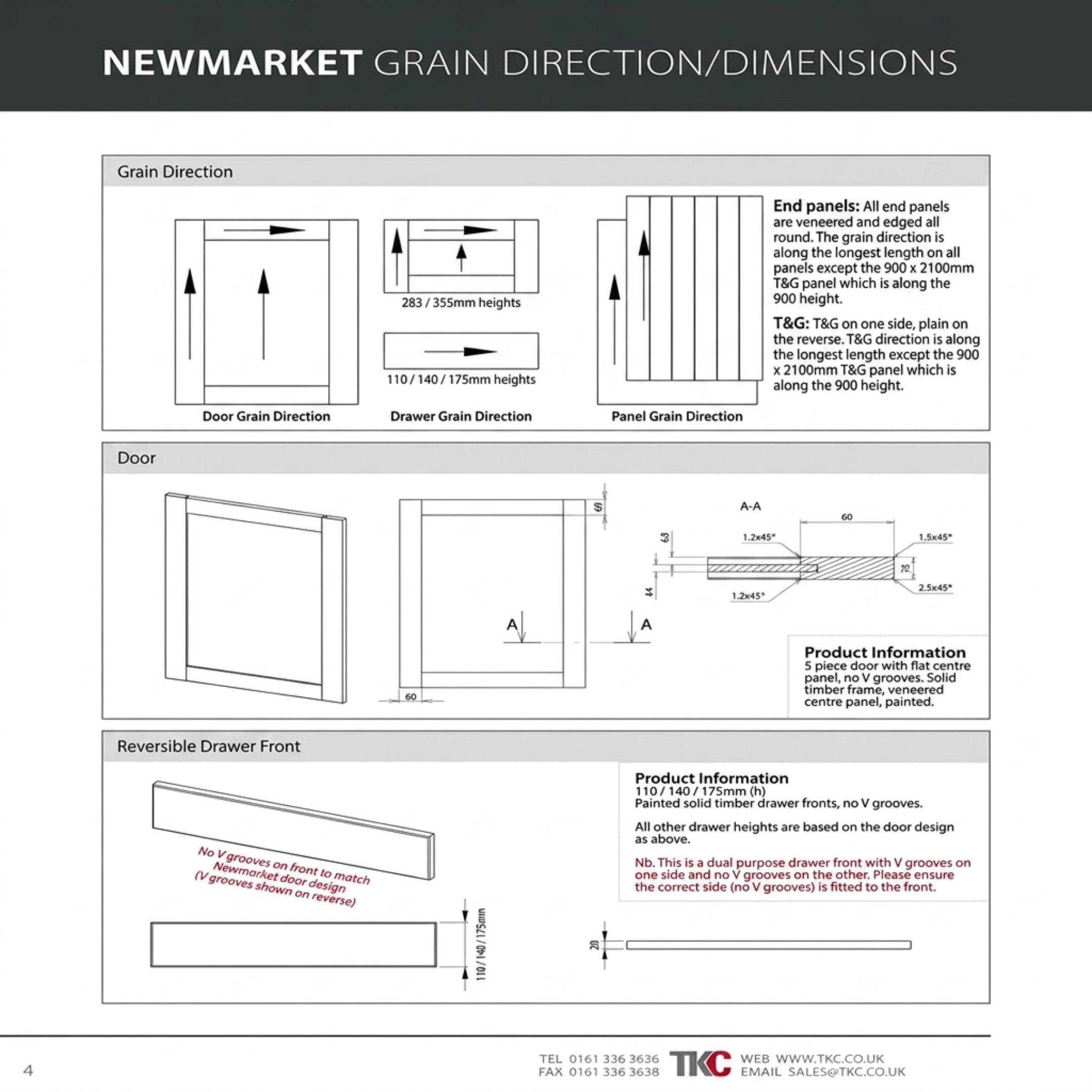 Technical diagram of Newmarket grain direction and dimensions for furniture components.