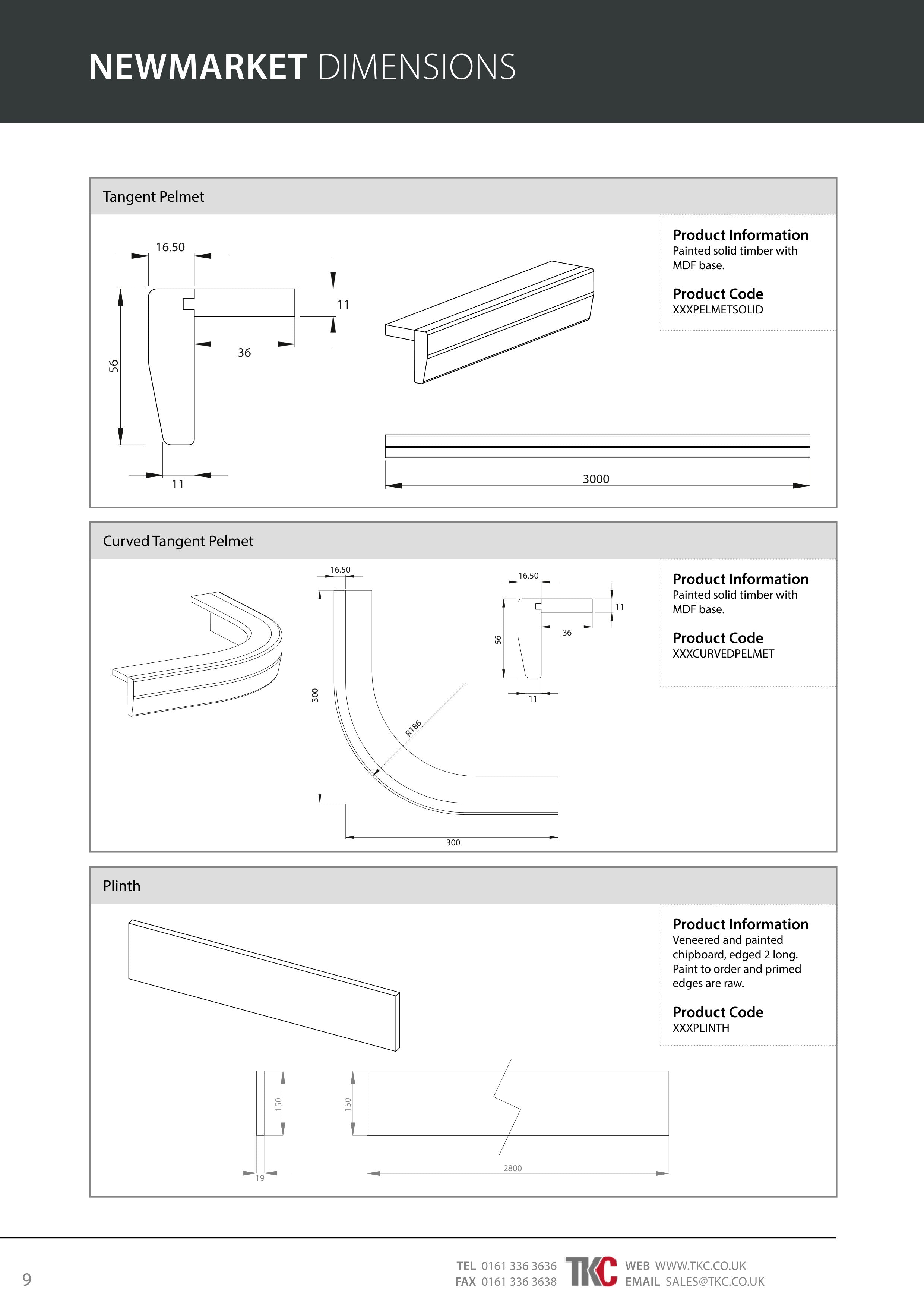 Technical drawings and product information for Newmarket dimensions on a white background.
