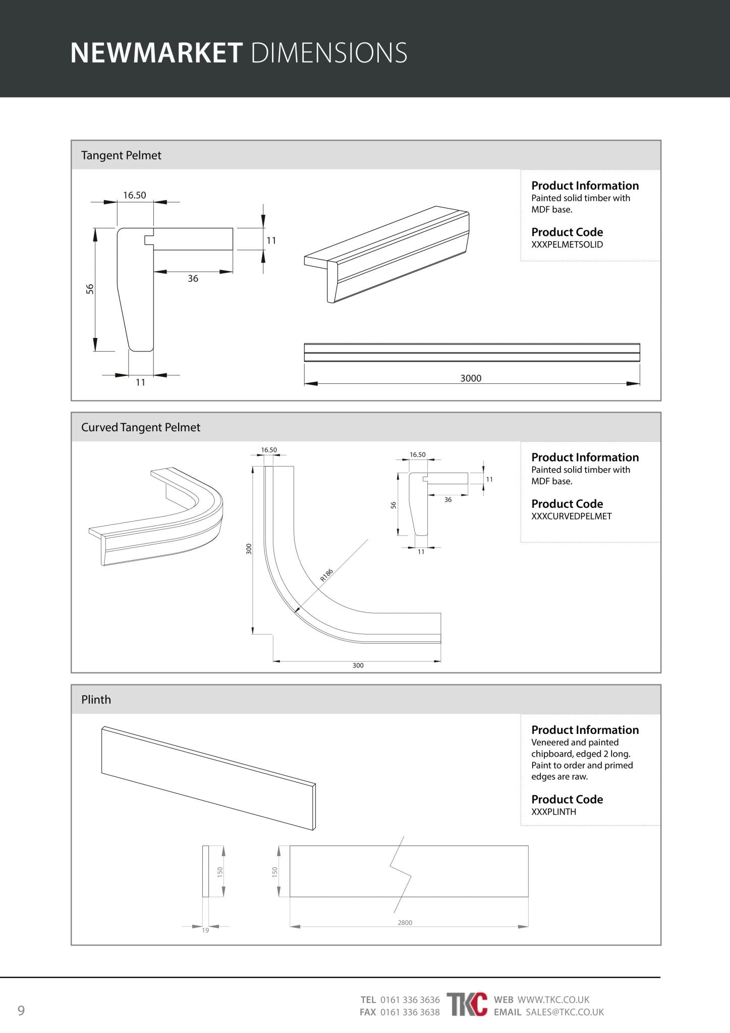Technical drawings and product information for Newmarket dimensions on a white background.