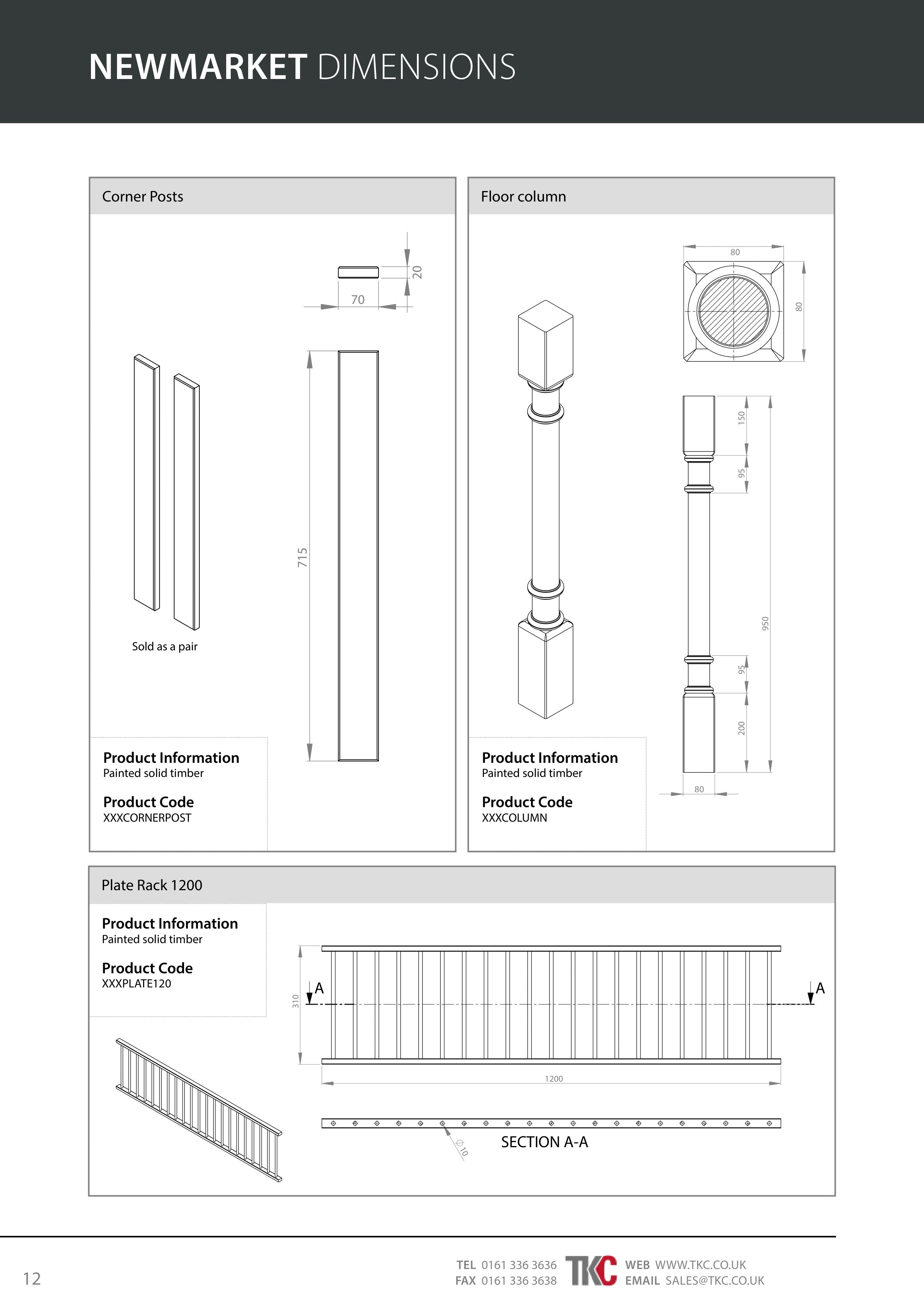 Technical guide for Newmarket kitchen components with dimensions and product codes.