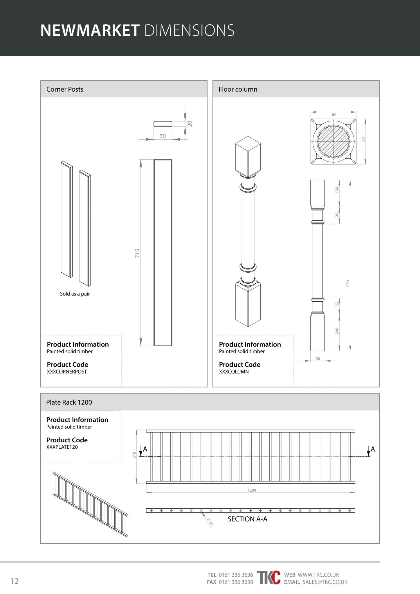 Technical guide for Newmarket kitchen components with dimensions and product codes.