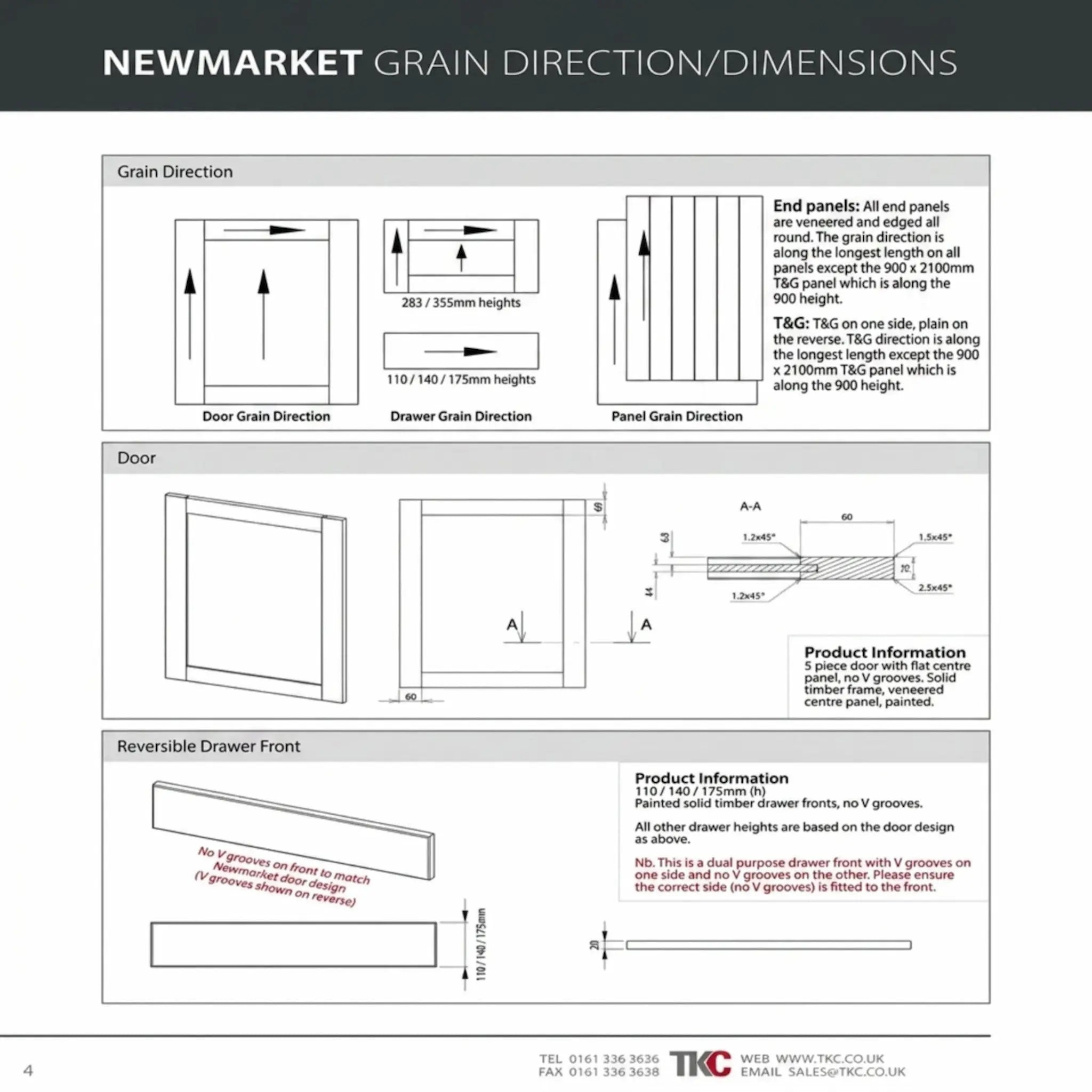 Newmarket Product Guide showing grain direction and dimensions for doors, drawer fronts and end panels.