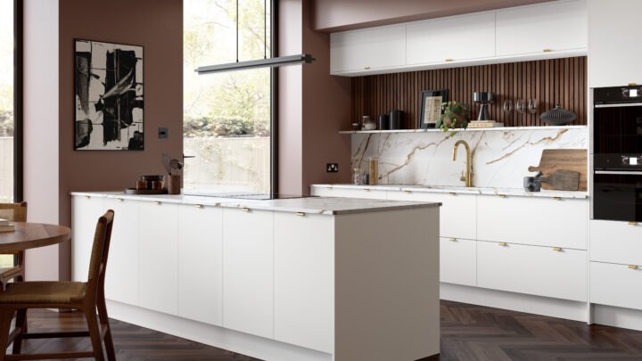 Modern kitchen with white island and marble countertop