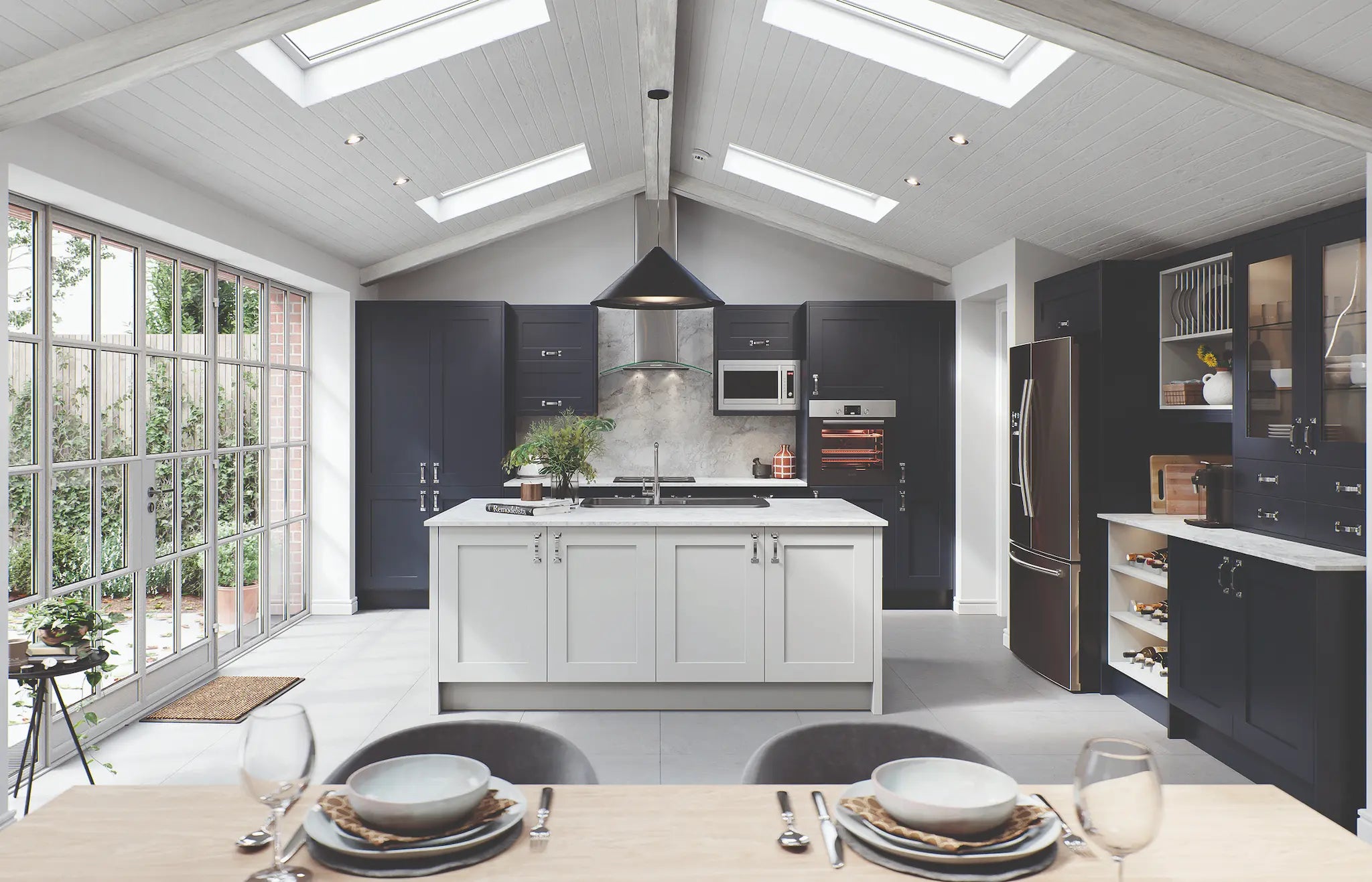 Oxford shaker kitchen with Indigo doors and accessories, and an island with Light Grey doors, end panels and plinth.