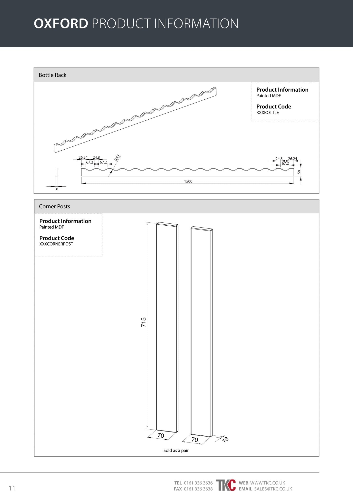 Oxfor product information sheet for bottle rack and corner posts with dimensions and product codes.