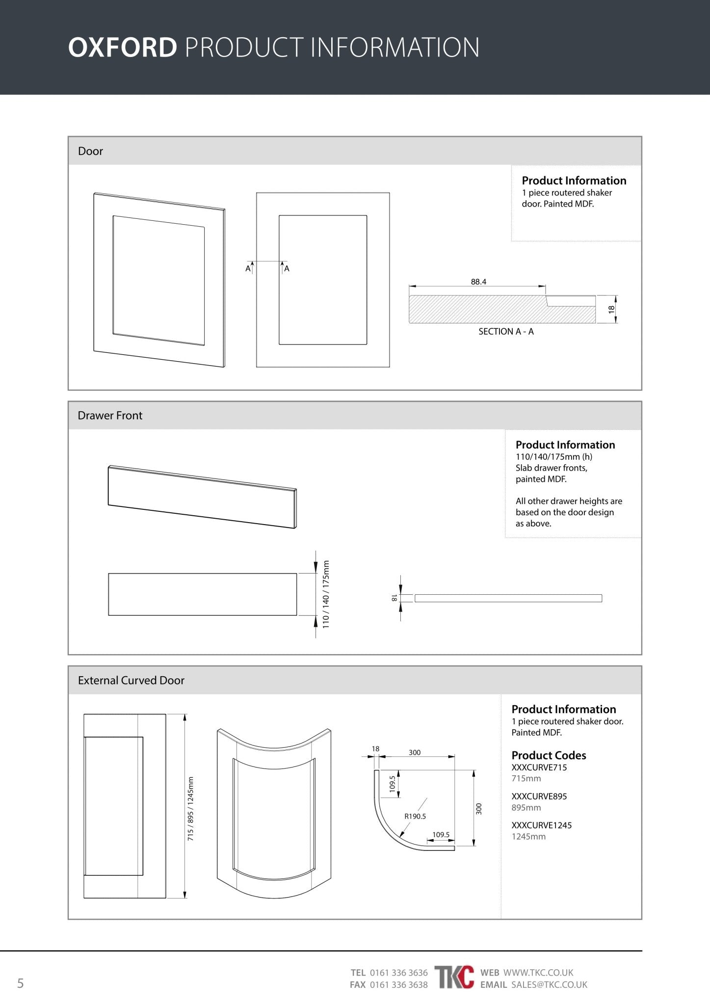 Product information sheet for Oxford with technical drawings and dimensions.