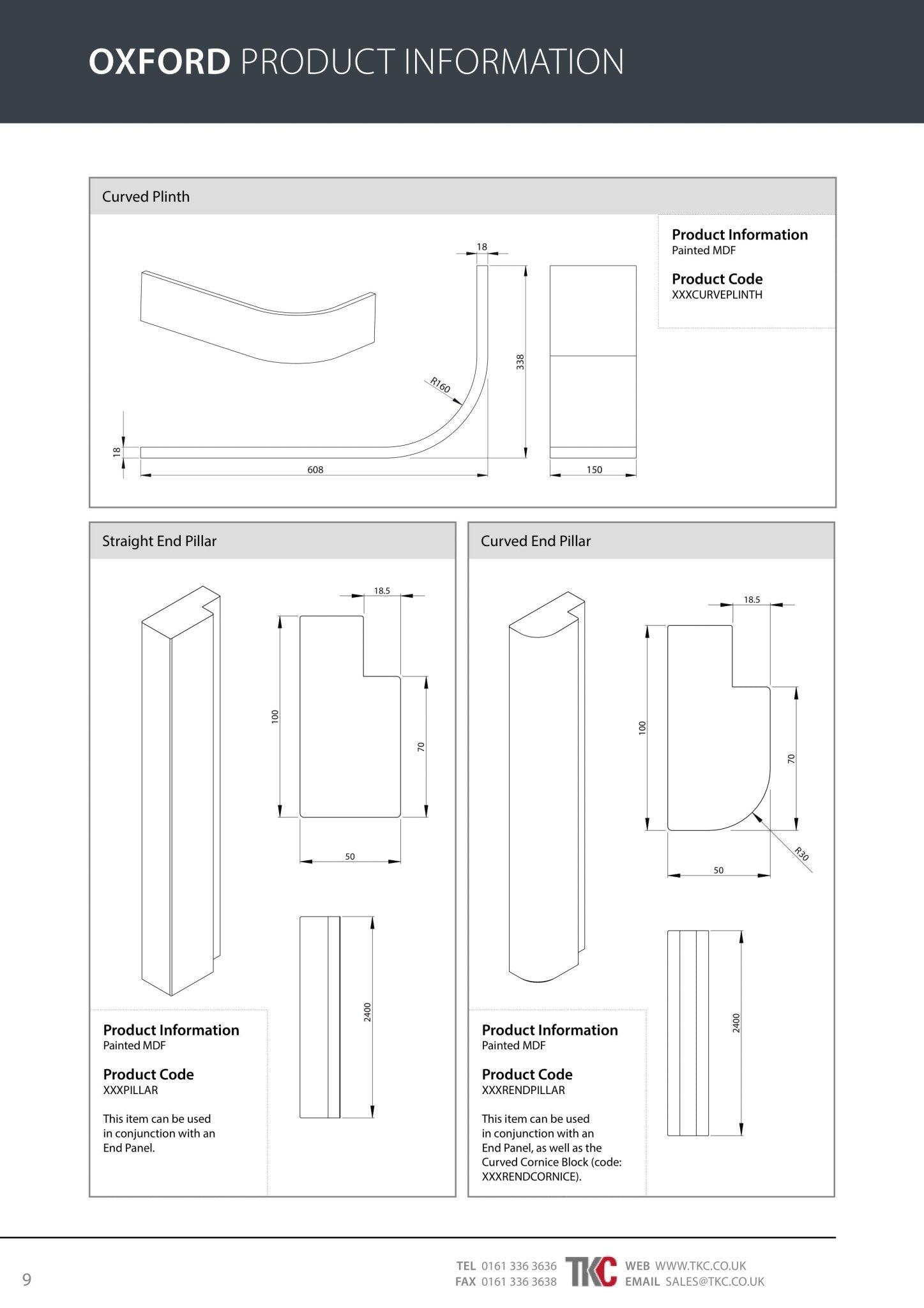 Technical drawings of curved plinth and straight end pillar with dimensions and product codes.