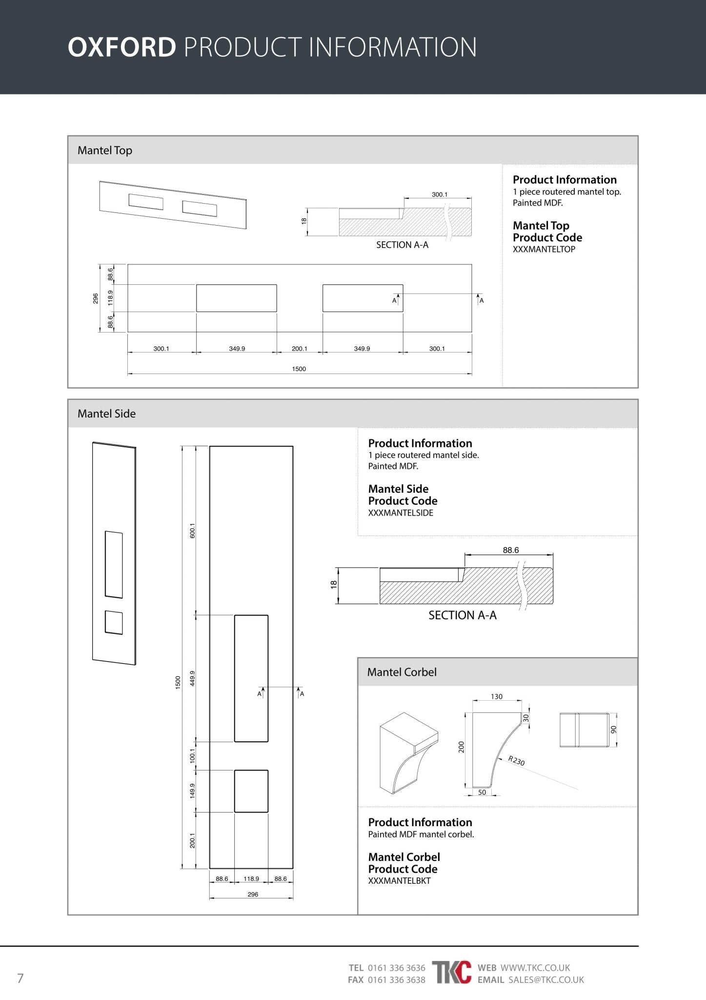 Product information sheet for Oxford Mantel Kit Components.