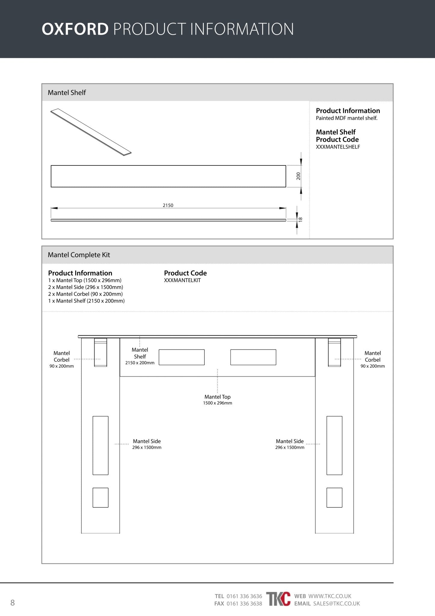 Product information sheet for Oxford Mantel Kit with diagrams and dimensions.